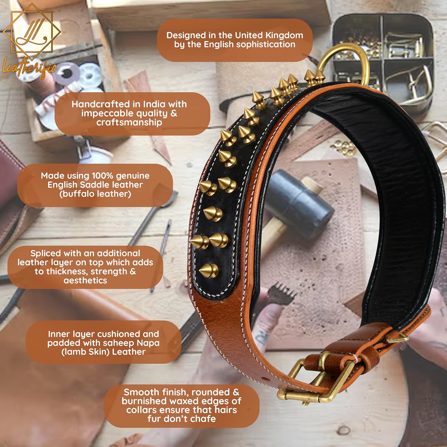 Spiky Series Heavy Duty Spike Dog Collar | Premium Genuine Bridle Leather, Padded, Strong, 2" Wide, for Large Breeds, Black Brown Charcoal, L fits Neck 18" to 22"