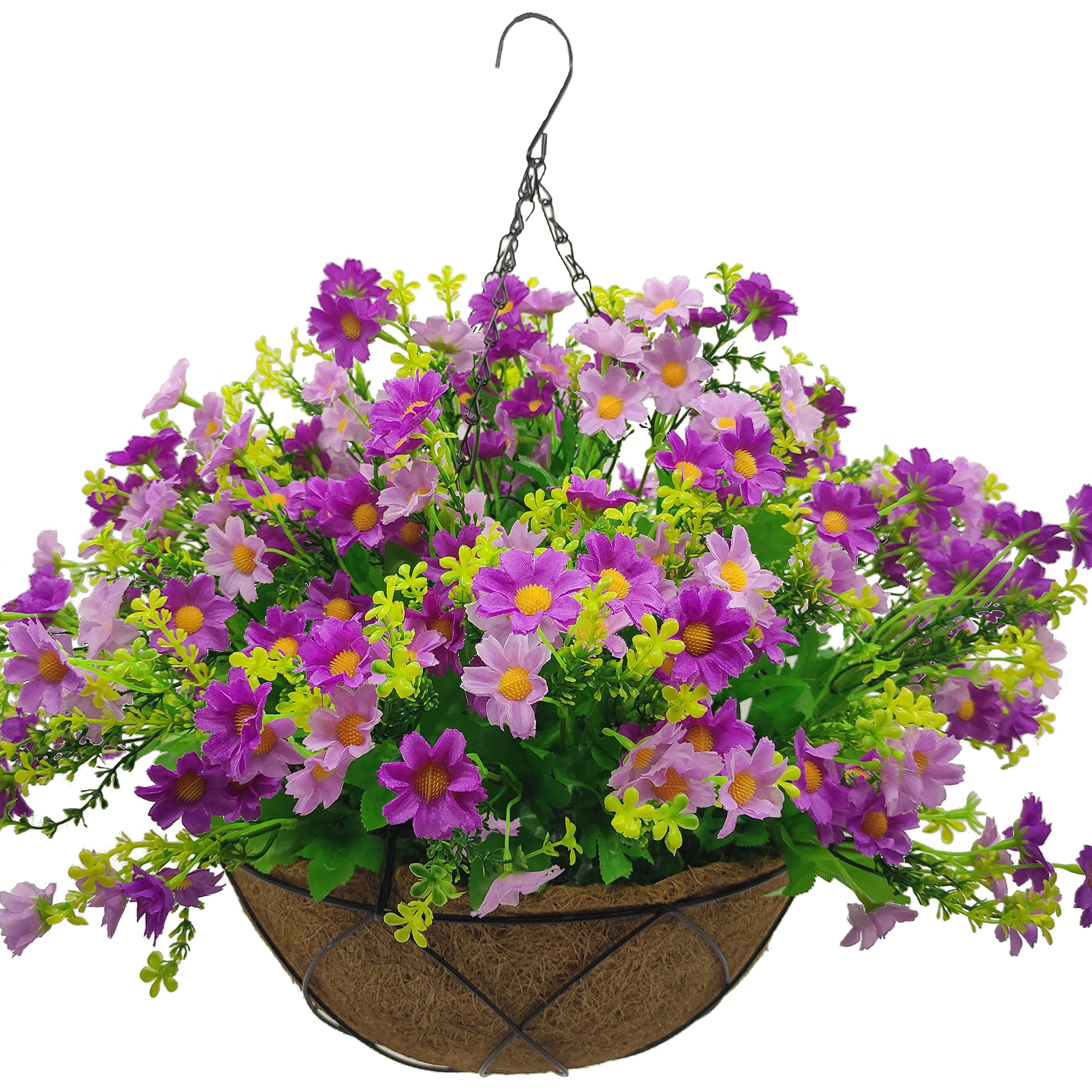 Lamsze Artificial Hanging Flowers with Basket,Fake Daisy Flowers in 12 inch Coconut Lining Hanging Baskets for The Decoration of Courtyard, Indoors, and Outdoors(Violet)