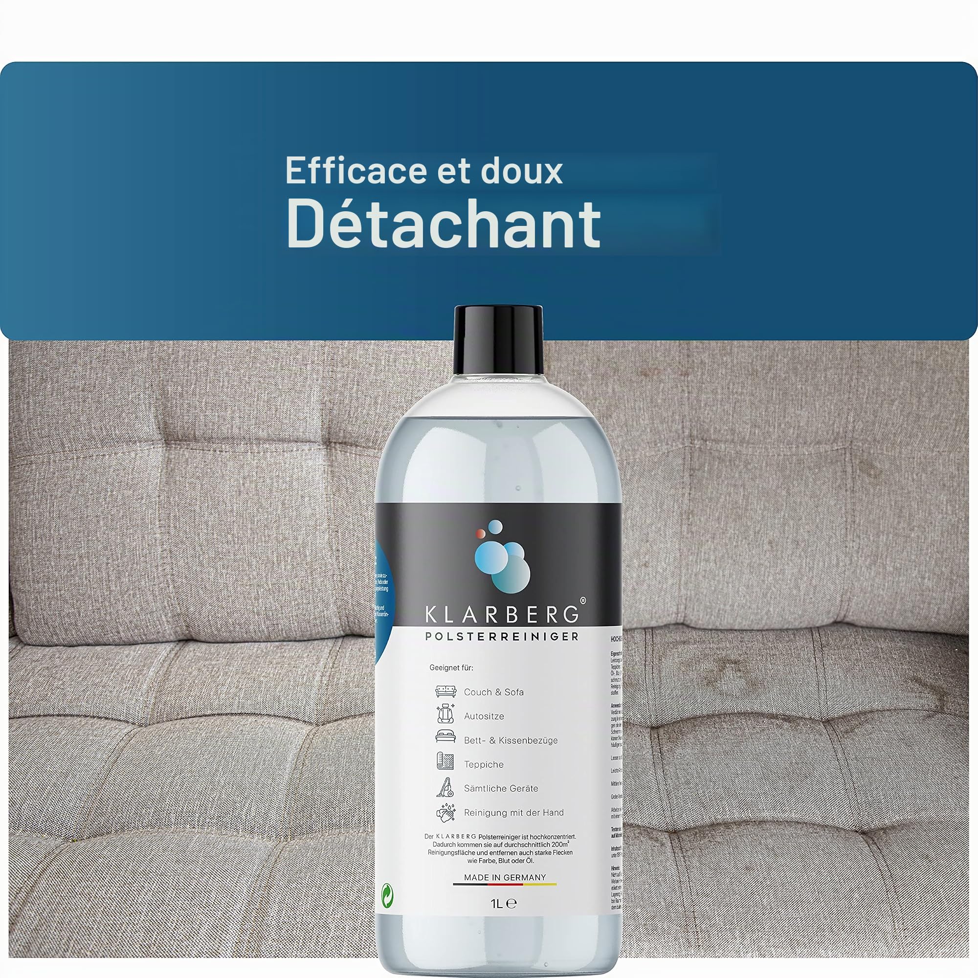 KLARBERG® Lot de 4 nettoyeurs concentrés de 1 l - Pour canapé, tapis, sièges de voiture, textiles et bien plus encore - Convient pour les aspirateurs de lavage, les aspirateurs humides et le nettoyage