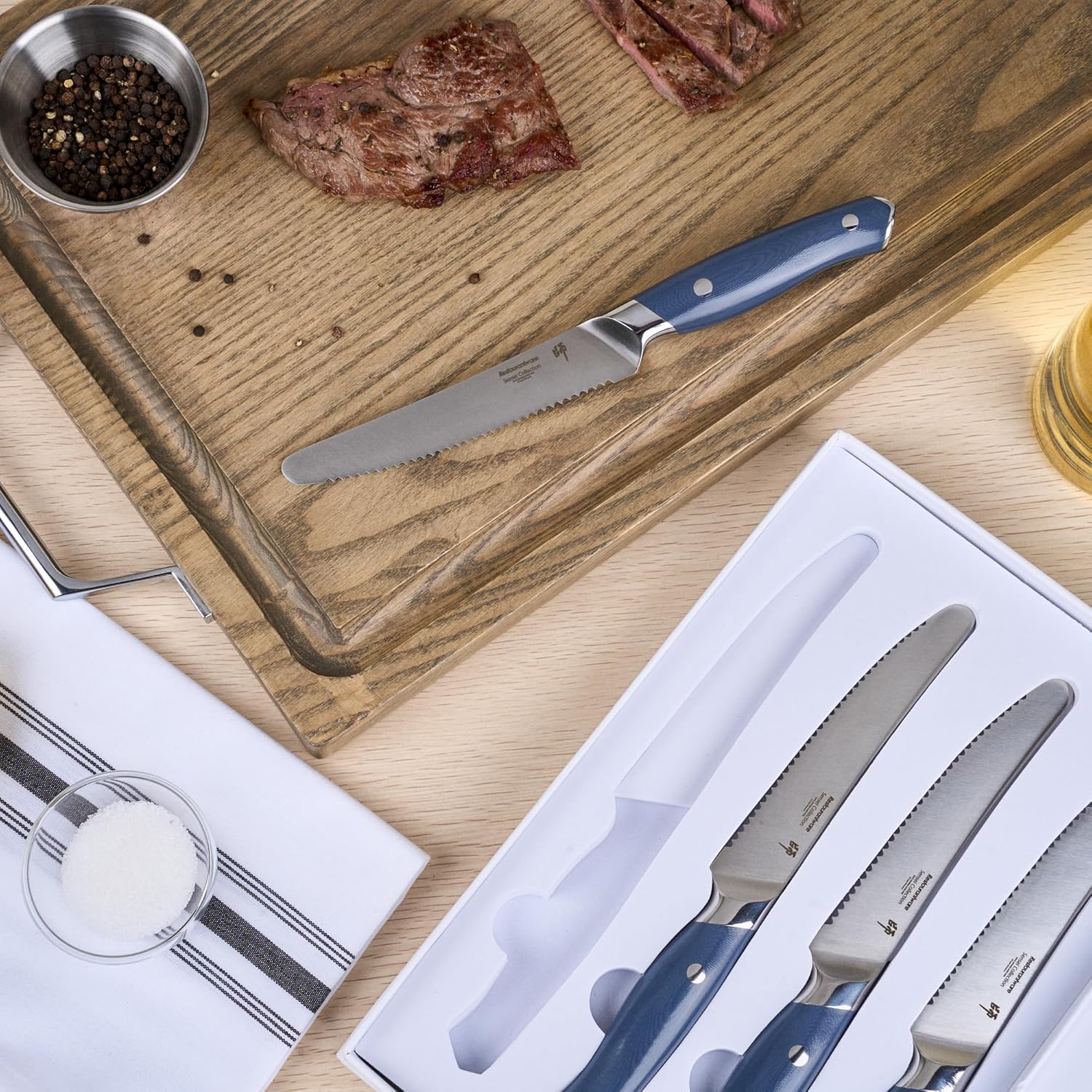 Restaurantware-Sensei 5.5 Inch Steak Knives, 4 Sharp Steak Knife Set - No Stain, Weighted, Blue German Steel Serrated Knives, Ergonomic Handle, For Meats Or Entrees