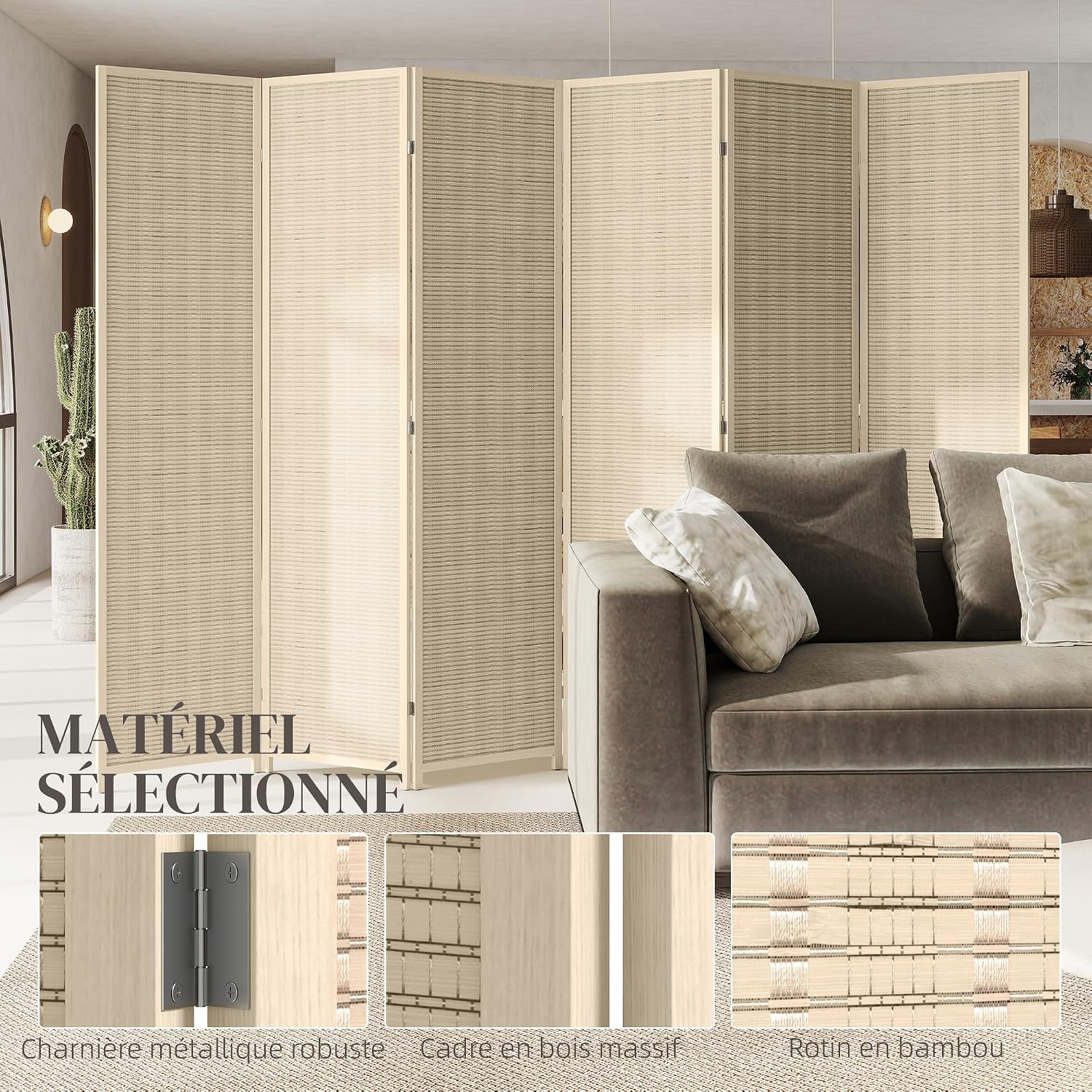 HOMCOM Paravent Interieur en Bois 6 Panneaux 270 x 180 cm Bois Naturel | Séparateur de Pièce Pliable, Cloison de Séparation, pour Salon, Chambre à Coucher, Maison — vue 5