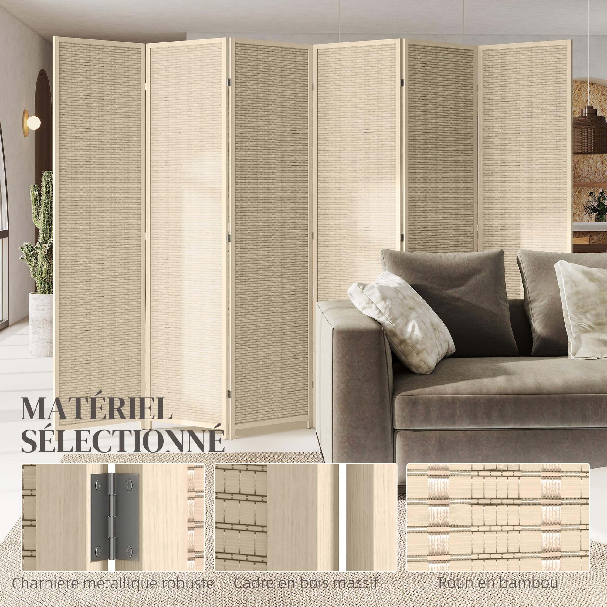 HOMCOM Paravento da Interno a 6 Ante Pieghevole Colore Naturale | Altezza 180cm, in Legno e Bambù, Separé Divisorio Ambienti Salvaspazio, Stile Boho