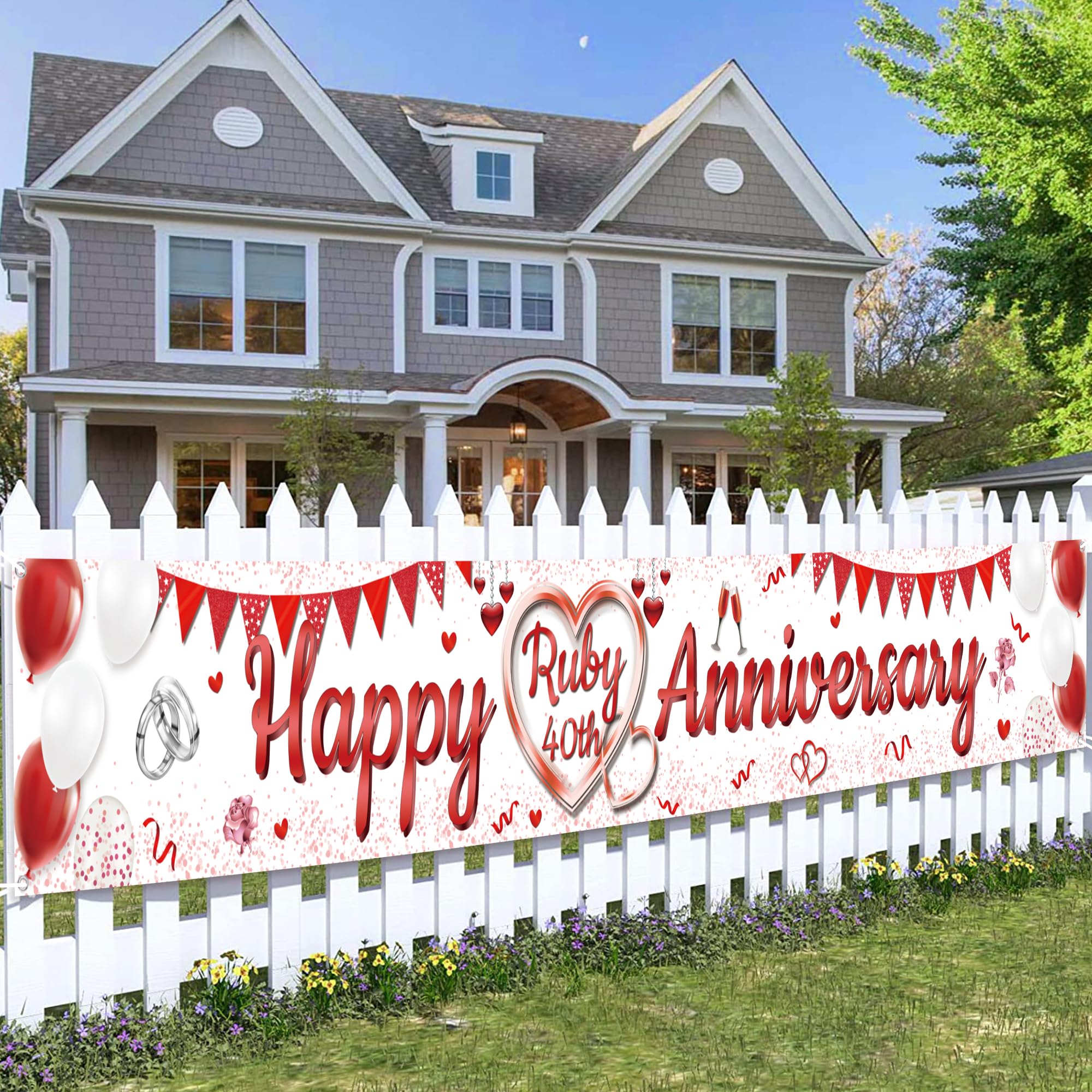 40th Wedding Anniversary Decorations Banner - Happy Ruby 40th Anniversary Yard Banners, Glitter Backdrop Party Supplies for Couples(37x274cm/14.5x107.8in)