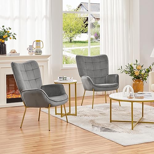 Miniatura 4 de Yaheetech Silla decorativa de tela de terciopelo tapizada para sala de estar, sillón de ocio con patas mentales doradas, sillas de sofá copetudas