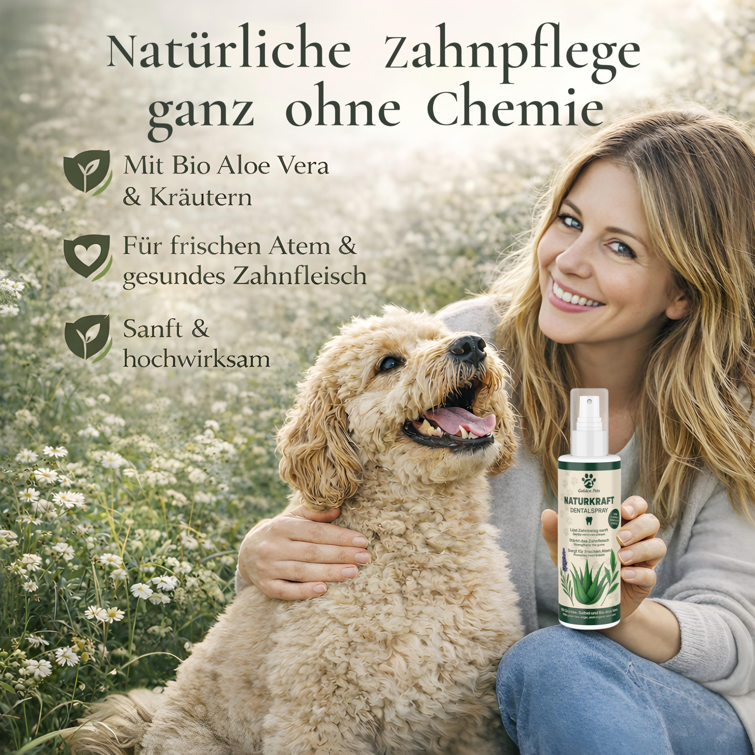 TESTNOTE SEHR GUT Dentalspray für Hunde & Katzen Mit BIO Aloe Vera, natürlichen Kräutern & Minze – Zahnspray Gegen Mundgeruch & Zahnstein Zahnfleischpflege 200 ml Golden Pets