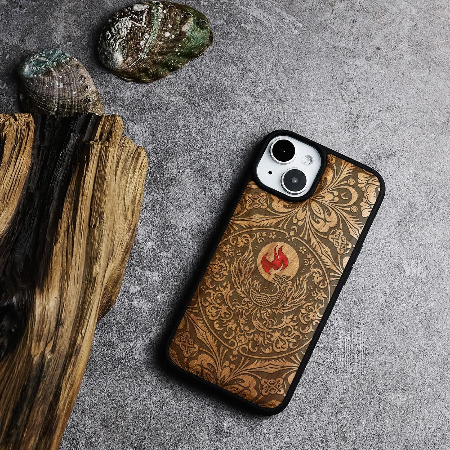 Carveit Wooden Case for iPhone 15 Plus Magnetic Case, Compatible with MagSafe Wireless Chargers, Shockproof Cover, Handmade Shell Inlaid & Wood Artisan Engraved (Phoenix in Symmetry) Cherry