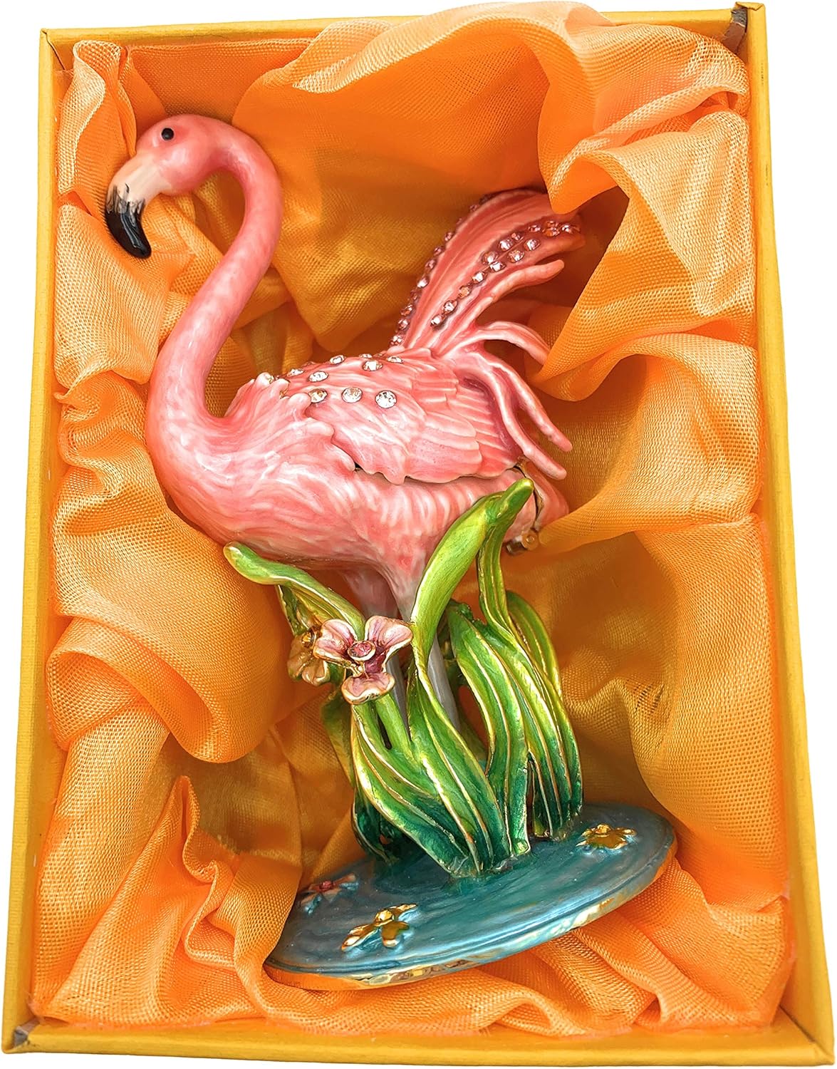 Enameled Fancy Flamingo Trinket Box, Accented with Austrian Crystals, 4.25 Inches Tall