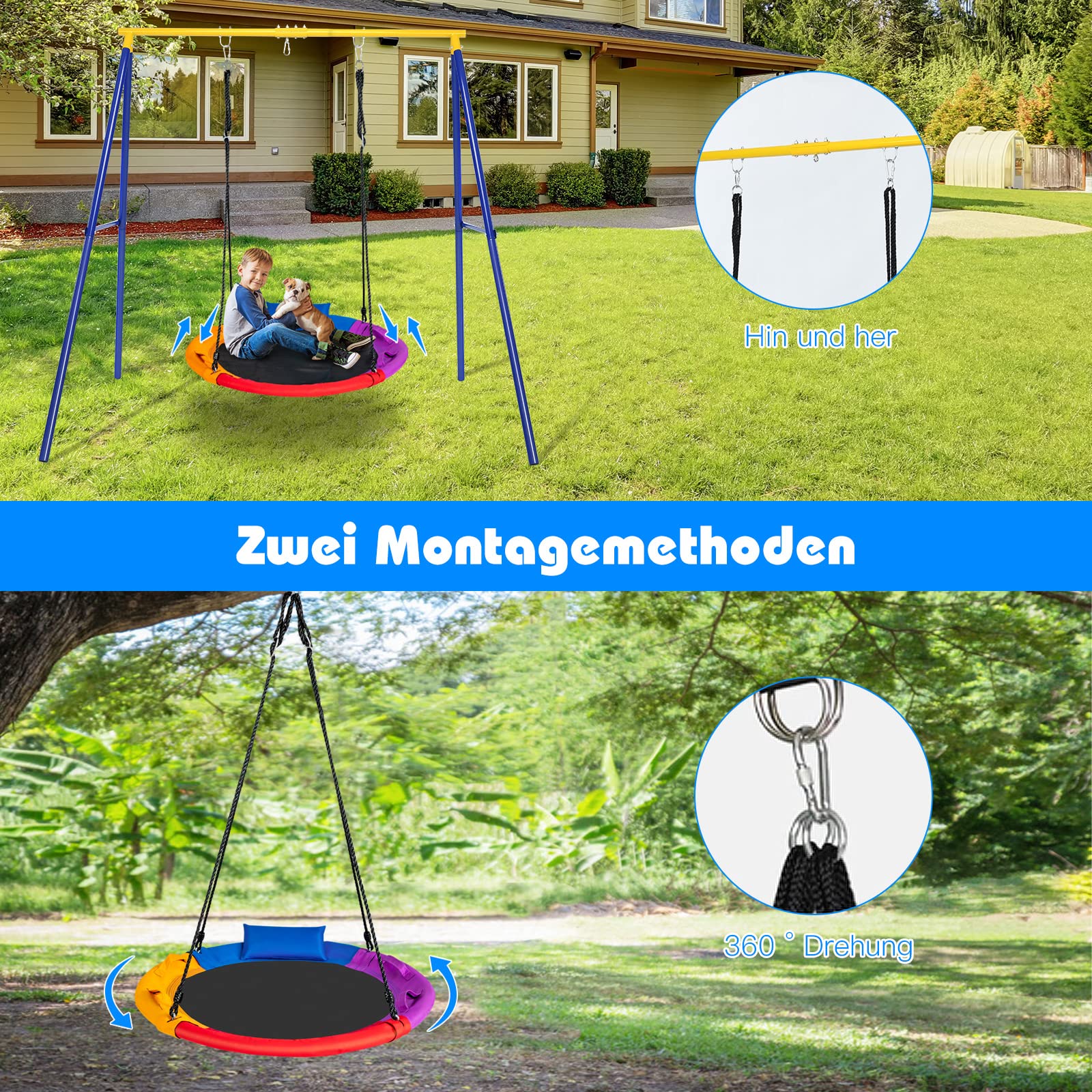 GOPLUS Huśtawka gniazdowa do użytku na zewnątrz, Ø 100 cm, huśtawka dziecięca z regulowaną wysokością od 100 do 180 cm, okrągła huśtawka z poduszką, obciążenie do 150 kg, dla dzieci od 3 lat, do