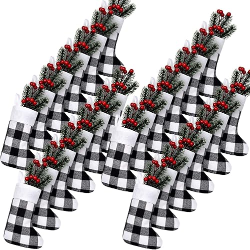 Skylety 24 medias de Navidad en puño de felpa a granel, calcetines pequeños de Navidad a cuadros, calcetines rústicos para chimenea, medias