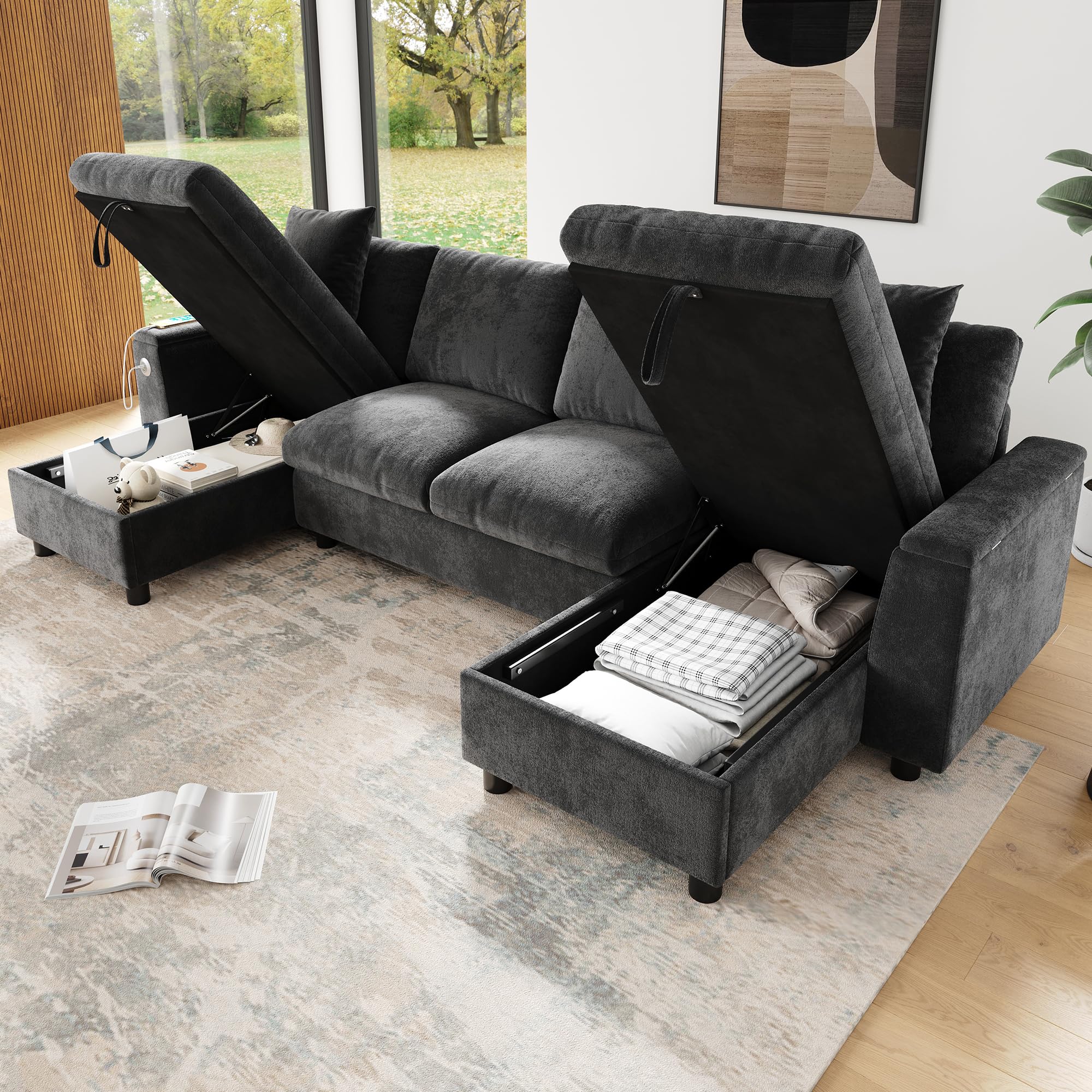 Muskel Chenille Wohnland 284 × 135 cm, sofá esquinero en forma de U con dos chaise longues y 2 plazas, sofá con espacio de almacenamiento abatible, cómodo sofá para salón, gris