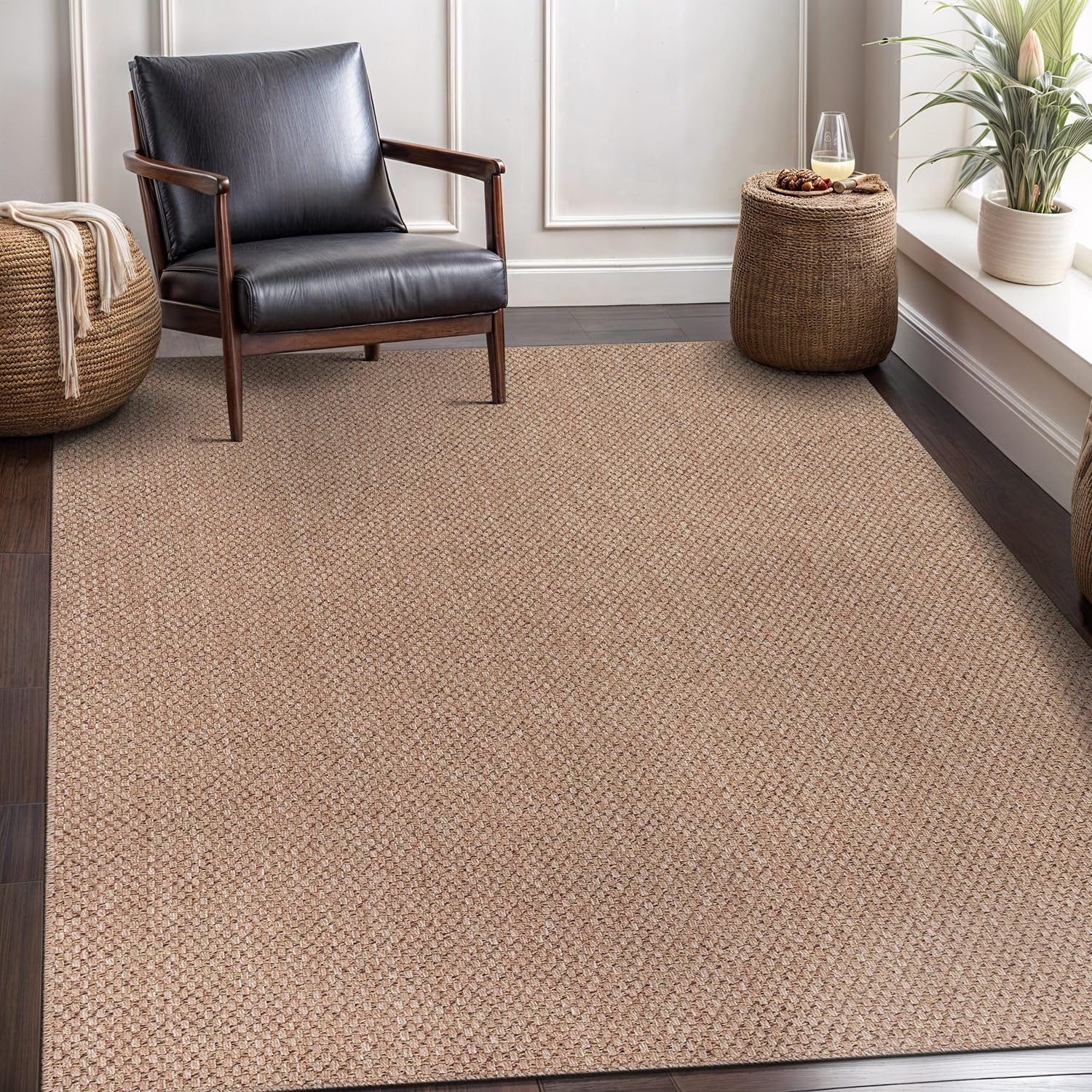 CAMILSON Easy Jute Rug 5x7, Indoor Outdoor Natural Color Farmhouse Area Rugs for Living Room Patio and Kitchen Rug, Solid Boho Woven Design, Easy-Cleaning, Washable Outside Carpet Alfombras (5 x 7). Similar to stock photo 