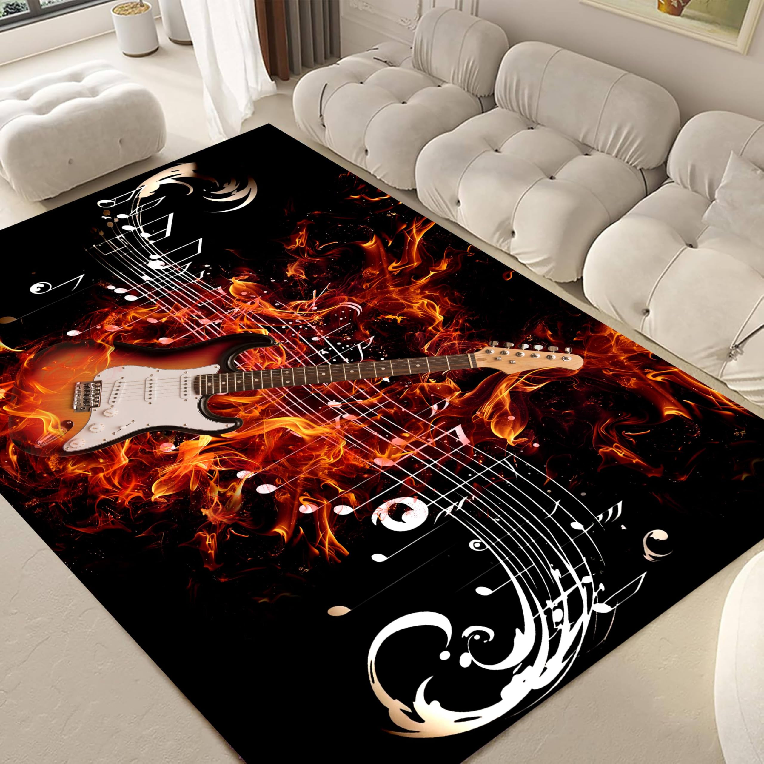 ZCLRUG Music Area Rug 140x200cm Music Room Bedroom Living Room Carpet Flame Guitar Black Carpet Stain Resistant Washable Floor Accent Mat Anti-Slip Colorfast Cozy Rugs for Musics Lovers