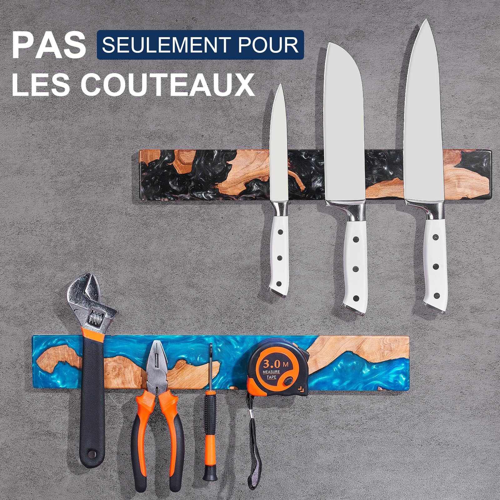 ENOKING Porte Couteaux Magnétique Mural 40 cm, Barre Magnétique Couteaux en Bois d’Acacia & Résine Noire, Support Couteaux Aimanté avec Fixation Adhésive ou Vis, Range Couteaux Mural pour Cuisine