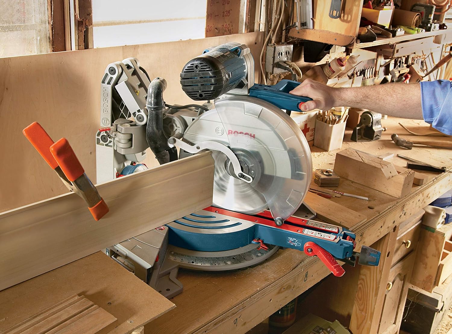 Bosch 120V 12" DB Glide Miter Saw-Blue and MS1233 Crown Stop Kit for Bosch Miter Saws, Includes Mounting Knobs and Hardware