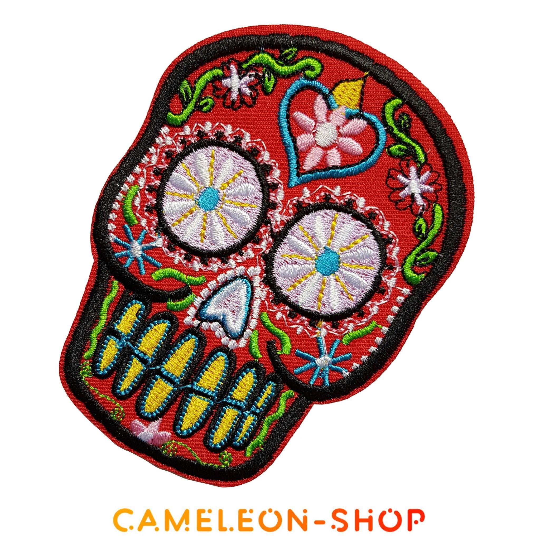 Écusson Tête De Mort Mexicaine Rouge Fleur Rose Bleu Patch