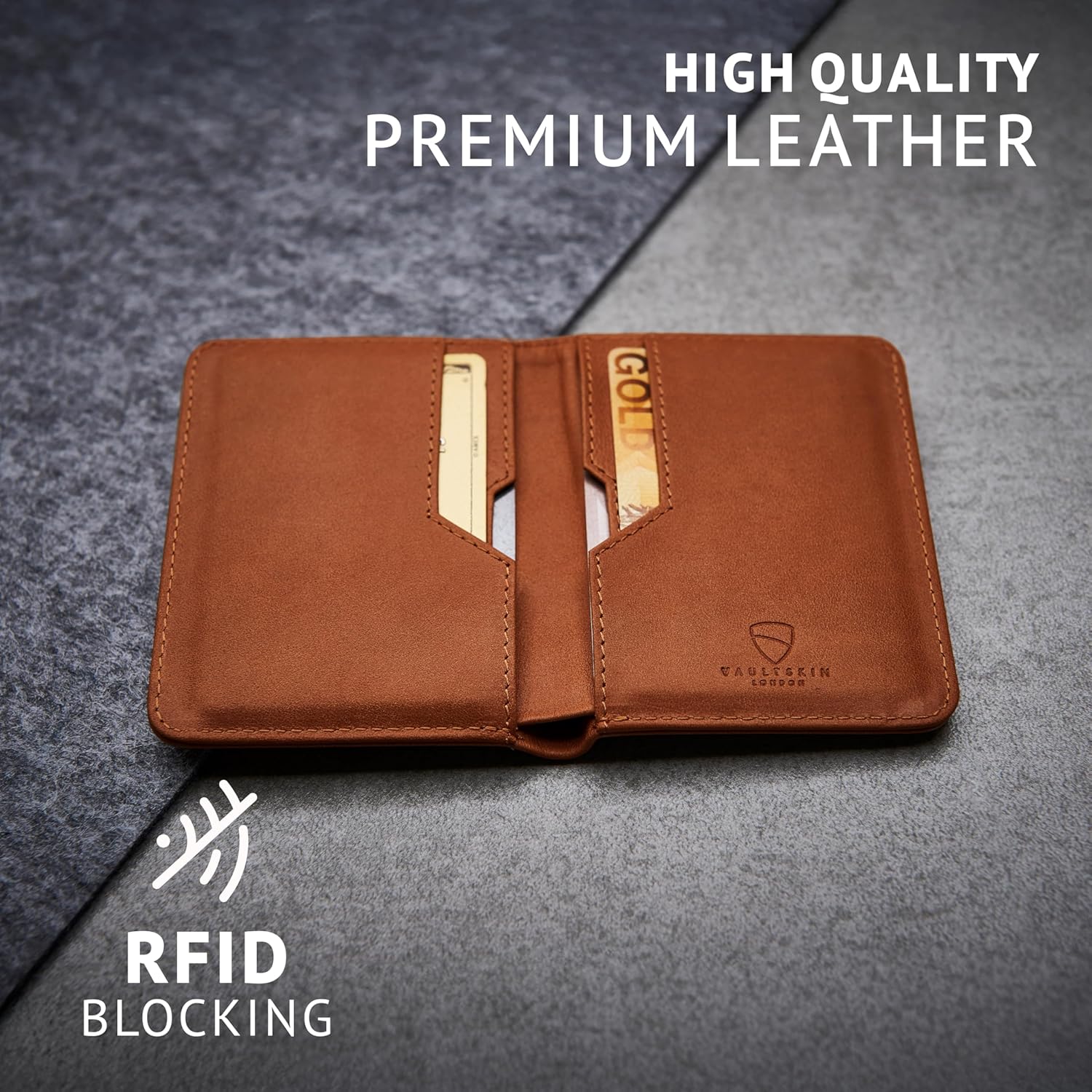 Vaultskin CITY Slim RFID Bifold Leather Wallet for Men – Euro/GBP Note Size, Does Not Fit US Dollar Bills, Minimalist Front Pocket Card Holder, Holds 9 Cards & Cash (Cognac) - Image 3