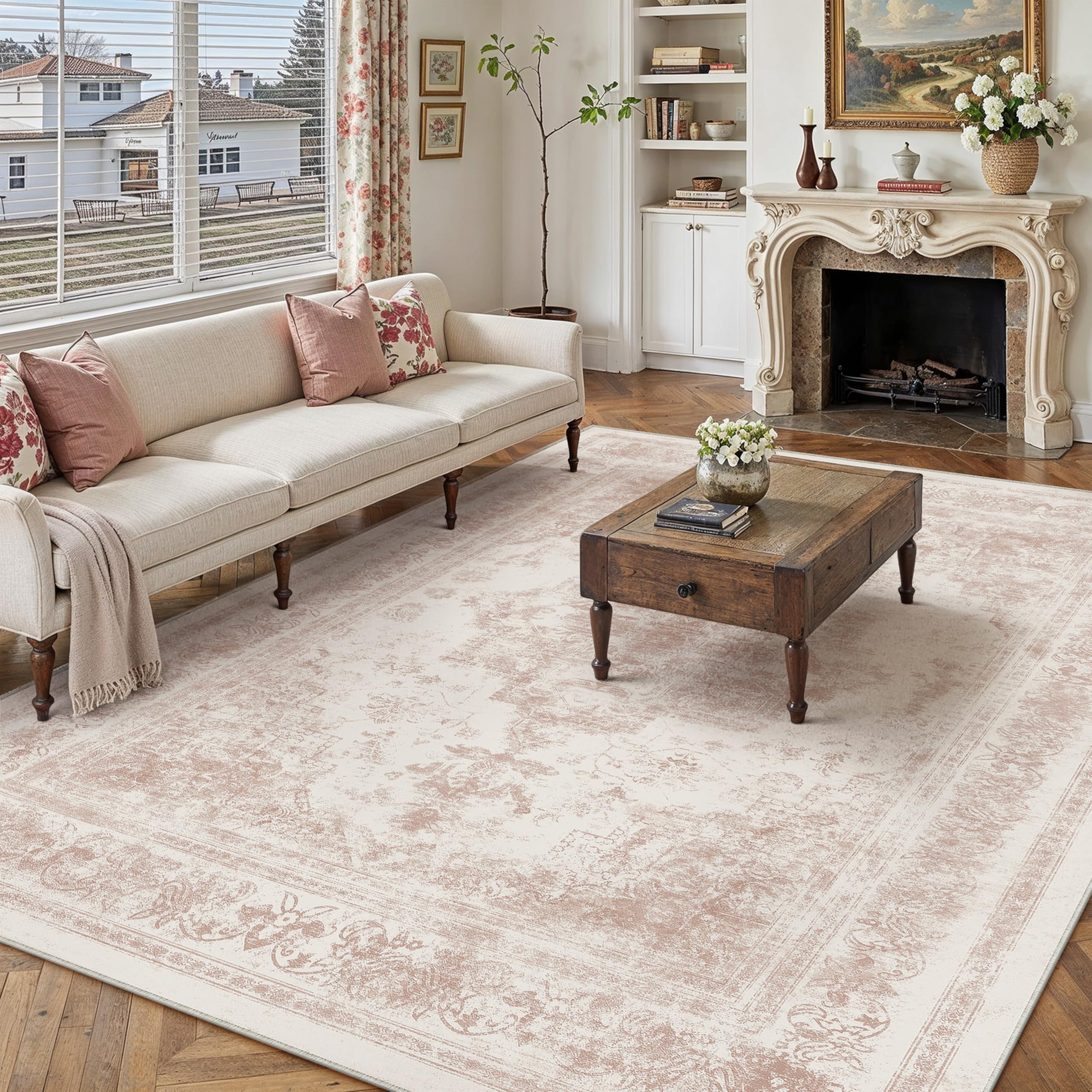 PureCozy Washable Rug 8x10 Area Rug for Living Room Pink Vintage Boho Medallion Large Distressed Retro Carpet Non Slip Indoor Low Pile Small Soft