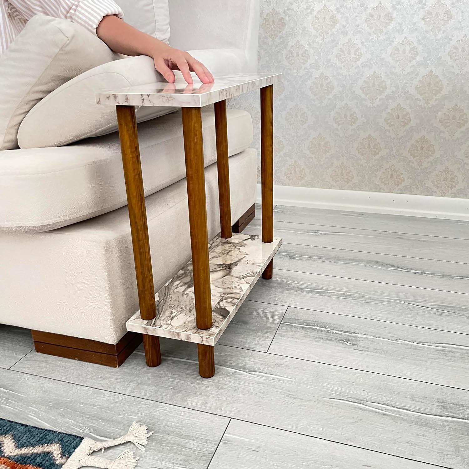 Narrow Small Places Faux Marble Top Modern Side Table for Couch Living Room, Slim Minimalist End Table 2 Tier with Open Shelf Nightstand for Bedrooms, Snack Tray, TV Manual (White Marble, Narrow, 7")