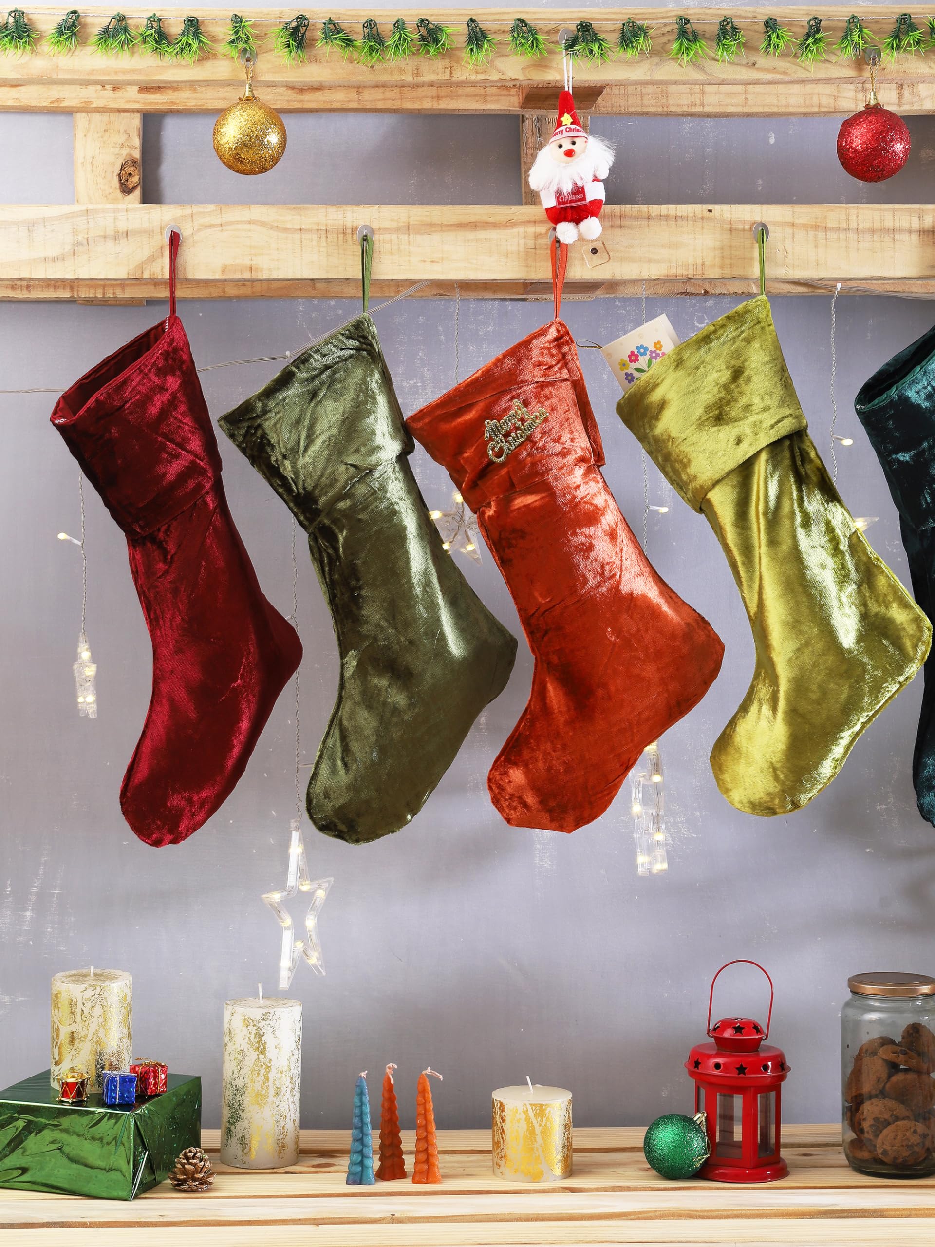 Weihnachts-Samtstrümpfe, 5 Stück, groß, 45,7 cm, Weihnachtsstrümpfe mit Aufhängeschlaufen, ästhetisch, rustikal, Weihnachtsdekoration für den Kamin
