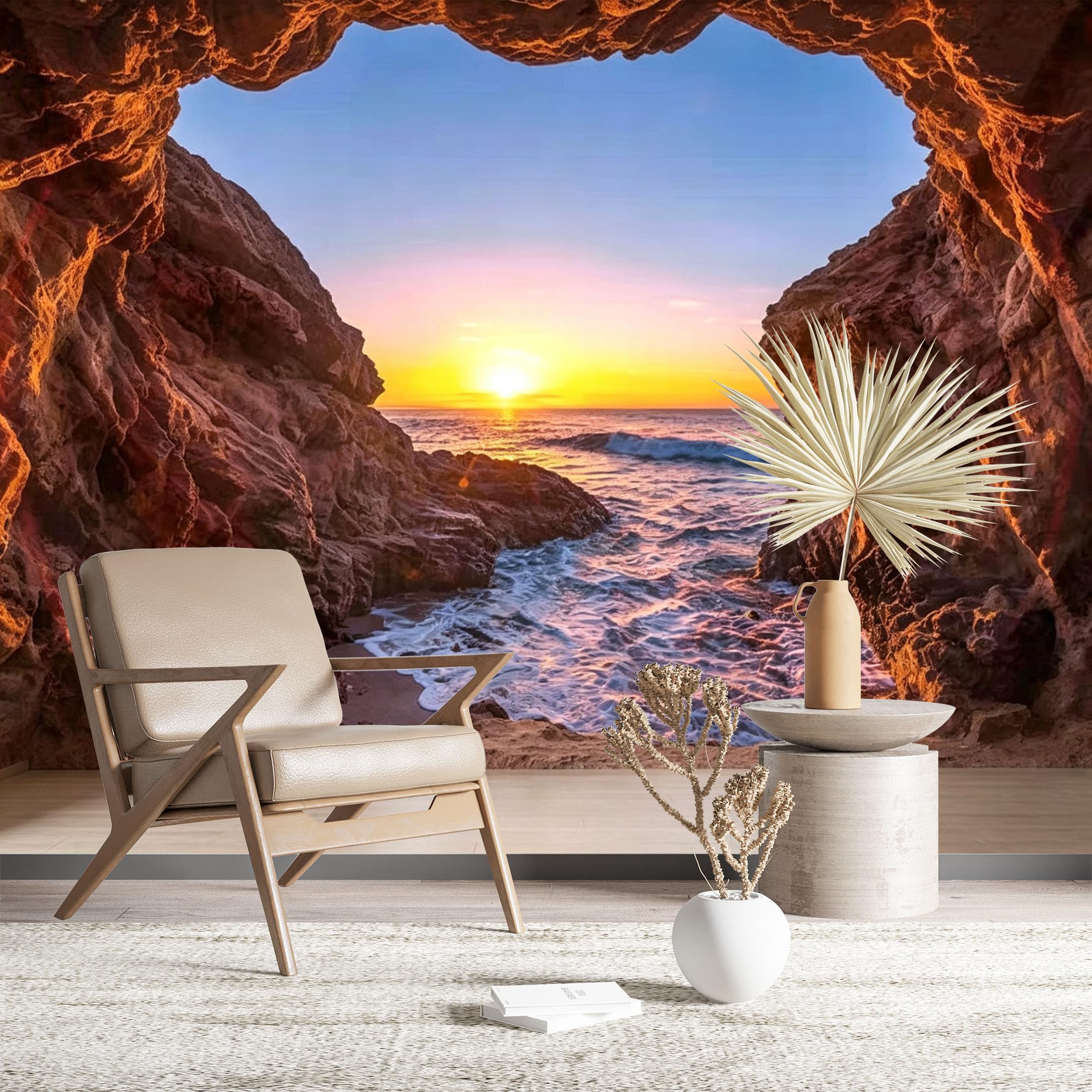 Custom Size Wall Murals Sunset Ocean View Through Cave Self-Adhesive Wall Fabric (NO PVC) Removable Wallpaper for Living Room Bedroom