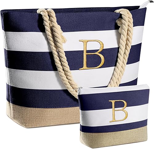 Bolsa de playa con inicial, regalos de playa azul, bolsa de maquillaje con cremallera, regalos de cumpleaños personalizados para mujeres, su mamá