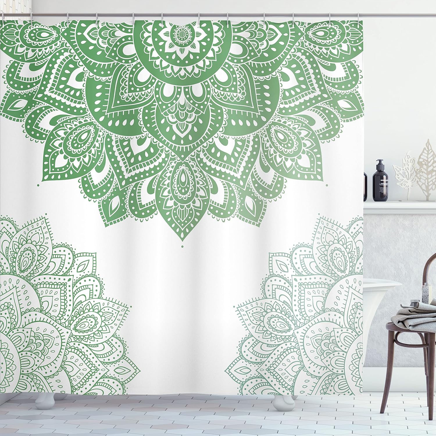 Ambesonne Flora Shower Curtain, South Mandala Design Vibrant Color Ornamental Illustration, Cloth Fabric Bathroom Decor Set with Hooks, 69" W x 70" L, Green Fern