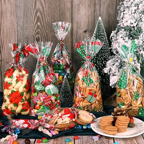 Miniatura 6 de Boao 150 bolsas de celofán de Navidad, bolsas transparentes de Navidad, bolsas de dulces con lazos giratorios para suministros de fiesta de Navidad