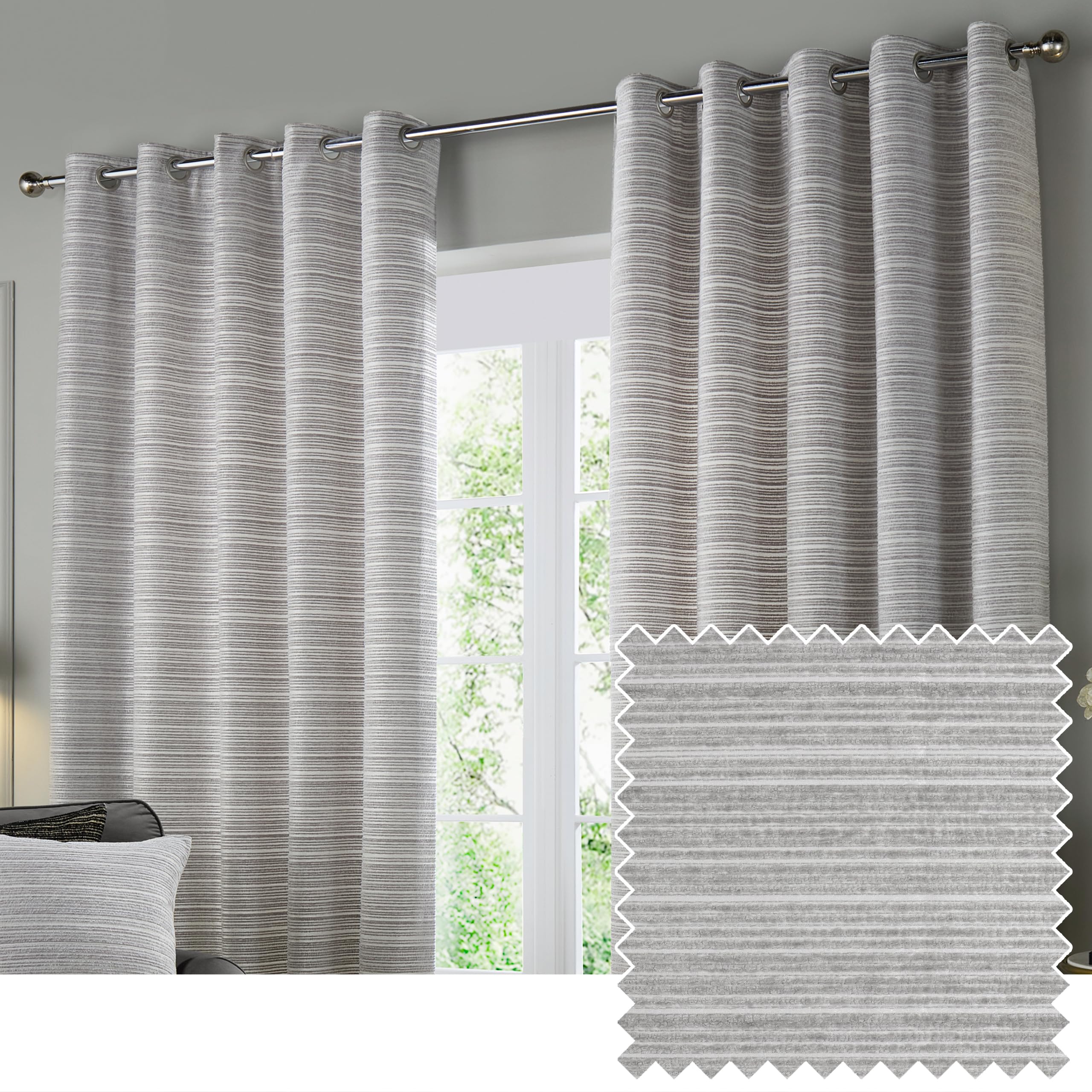 Paoletti Jupiter Room Darkening Eyelet Curtain Pair – Elegant Jacquard Chenille Lined Ring Top Drapes (Silver - 168x183cm)