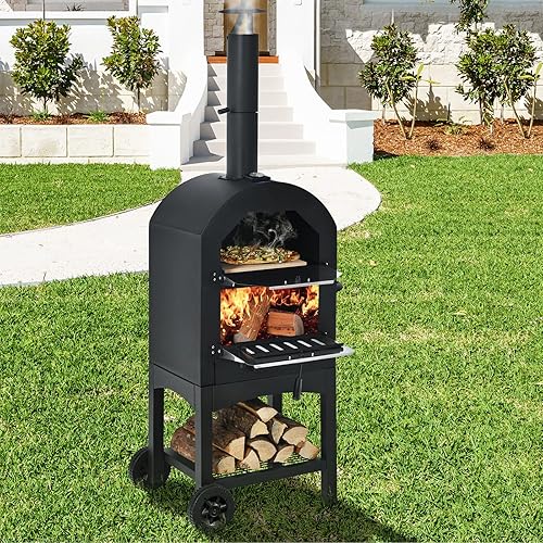 Miniatura 2 de Happygrill Horno de pizza al aire libre con 2 ruedas, termómetro integrado, piedra para pizza, cáscara de pizza, cubierta impermeable, calentador de