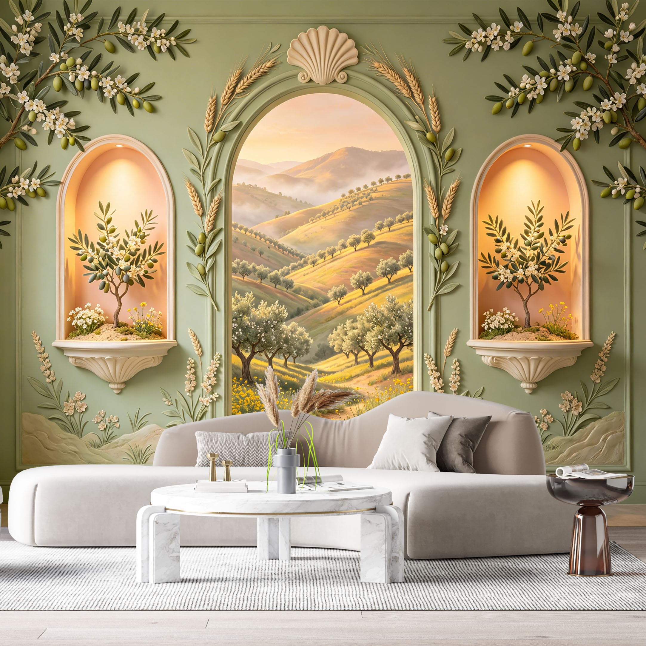 Custom Size Wall Murals Mediterranean Tuscan Villa Olive Branch 3D Trompe L'Oeil SelfAdhesiveWall Fabric Removable Wallpaper Wall Decor for Living Room Bedroom Bathroom