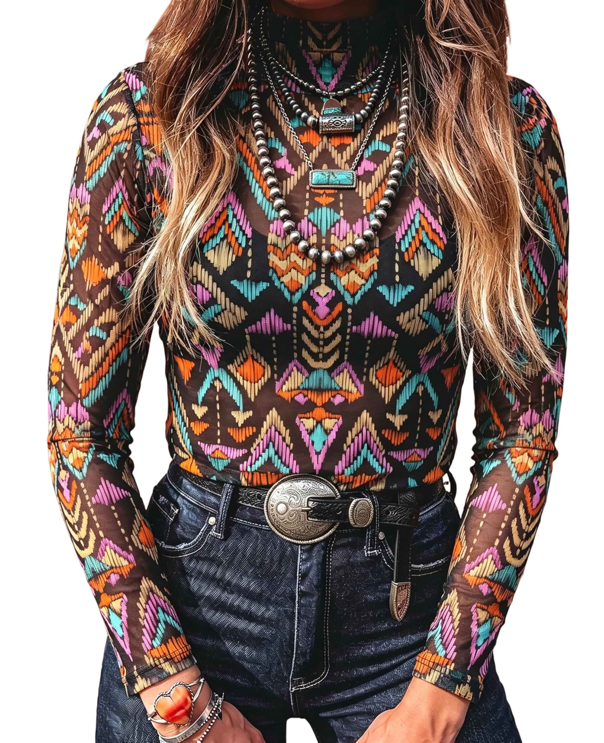SELINK Long Sleeve Mesh Tops for Women Floral Print Sheer Blouses Mock Neck see through shirts, floral top, trendy western style, slim fit, ideal for layering daily outfits