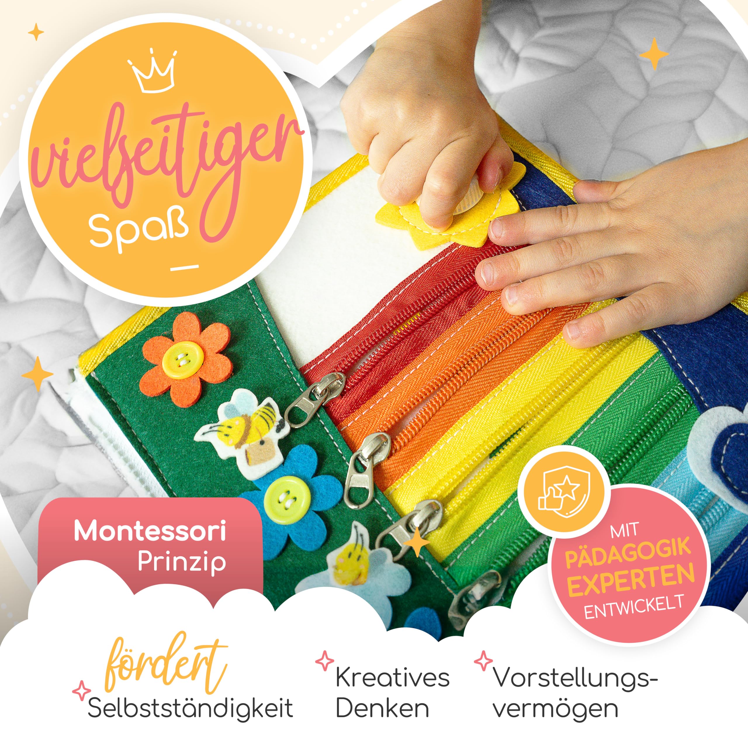 zoula kidz® Busy Board 3 Jahre - Activity Buch mit 8 Seiten - sicheres Montessori Buch für die Autofahrt und Activity Book zur Beschäftigung im Flugzeug & Reisespielzeug aus weichem Filz (Alpaka) - 4