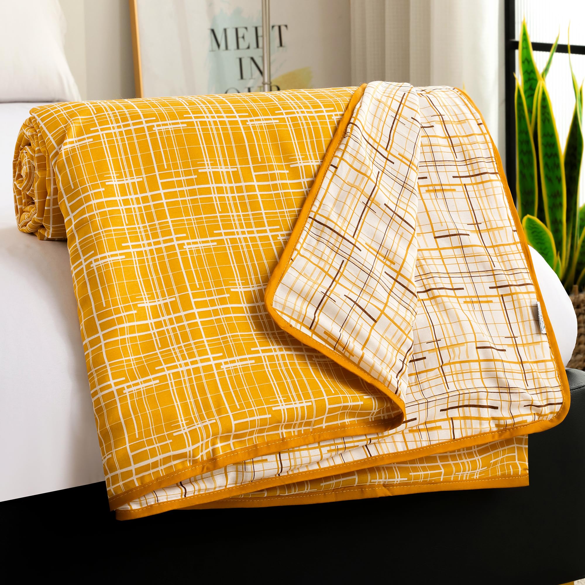 Story@Home Dohar Single Bed | 100% Cotton Blankets For Summer | 144x 220CM, 150GSM Ac Comforter Single bed | Cooling Blankets For Summer | Yellow & White, Criss Cross Pattern Quilt | Ideal For Gifting-picture-24