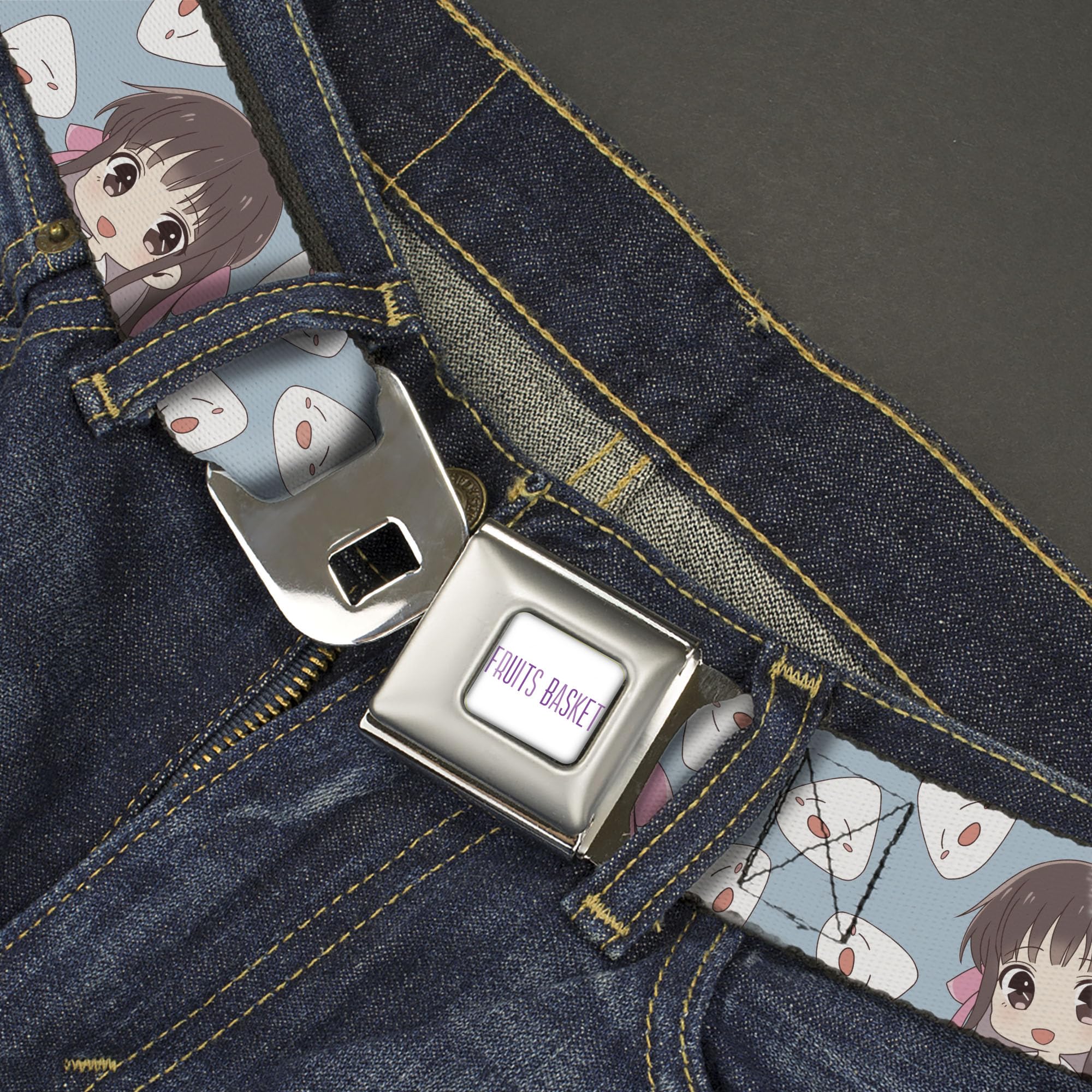 Crunchyroll Belt, Seatbelt Buckle Belt, Fruits Basket Chibi Tohru Honda and Rice Ball Light Blue, Youth 20 to 36 Inches