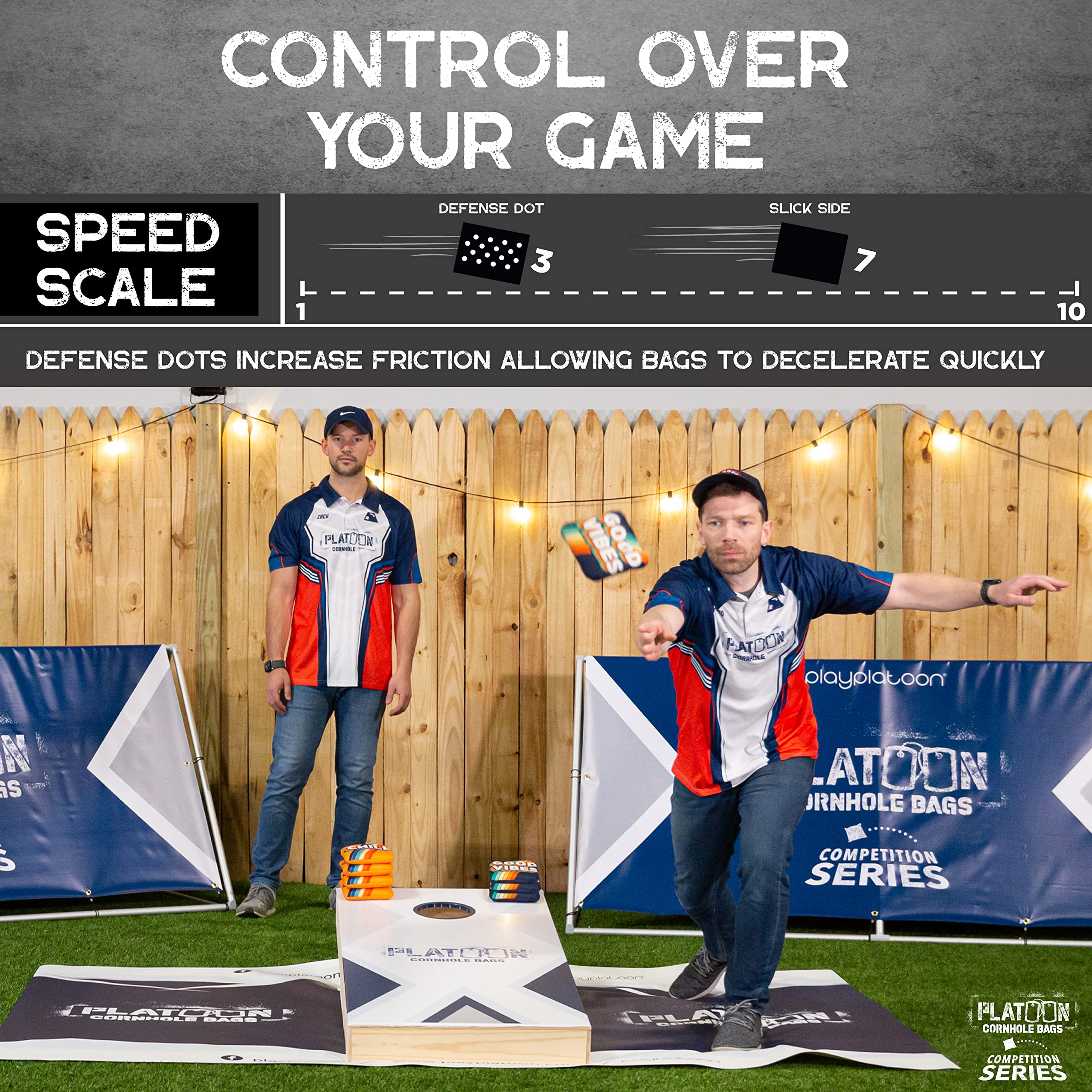 Play Platoon Competition Cornhole - Set di 8 sacchetti per fagioli a doppia faccia e appiccicosi per difesa a pois Pro per mais, in resina composita, con motivo "Good Vibes & Chill"