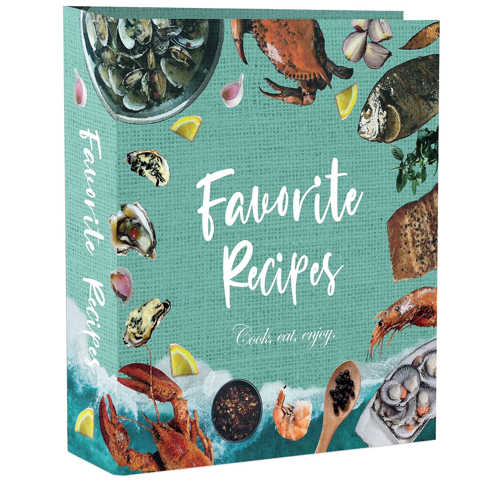 Rezeptordner, Buchordner mit 16 Trennwänden, 32 Etiketten und 50 Kunststoffhüllen DIY Familien-Kochbuch für Lieblingsrezepte bedruckt und zum Schreiben in Rezepten (Meeresfrüchte)