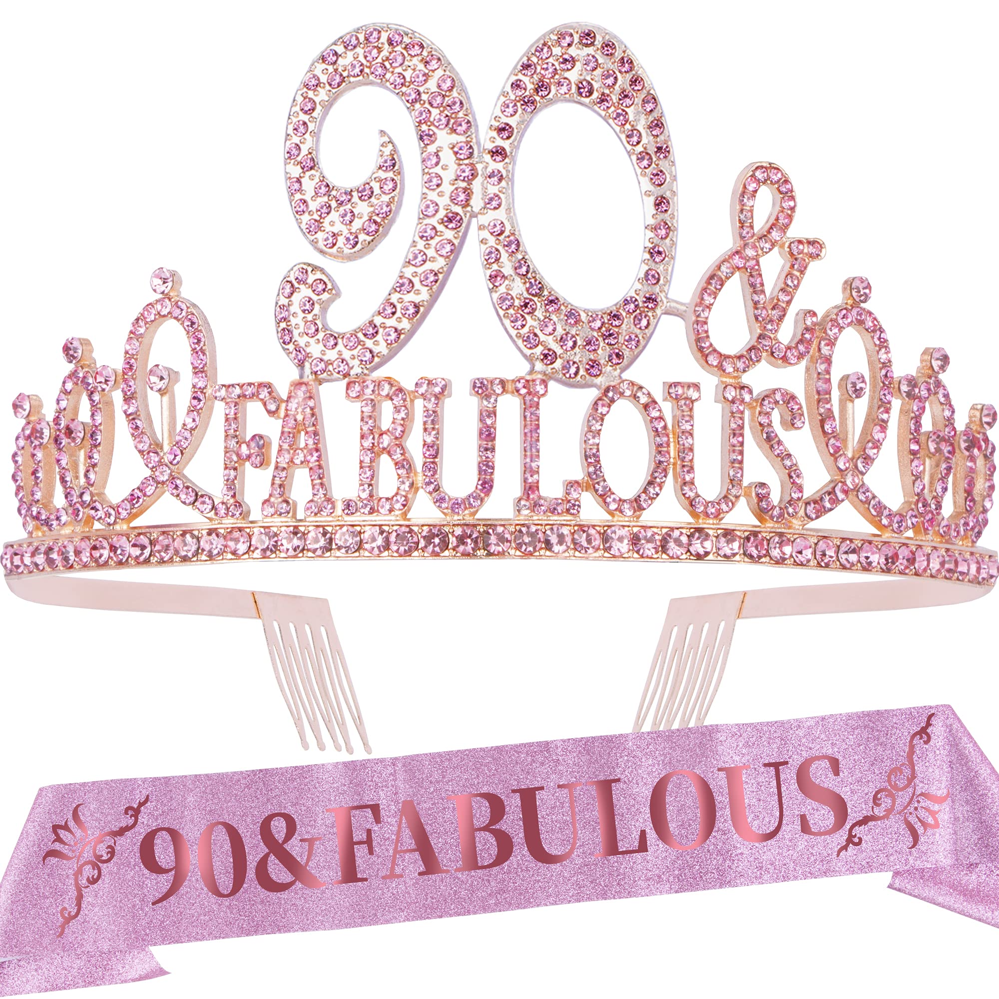 EBE EmmasbyEmma 90th Birthday Sash and Tiara for Women - Fabulous Glitter Sash + Fabulous Rhinestone Pink Premium Metal Tiara for Her, 90th Birthday Gifts for 90 Celebration