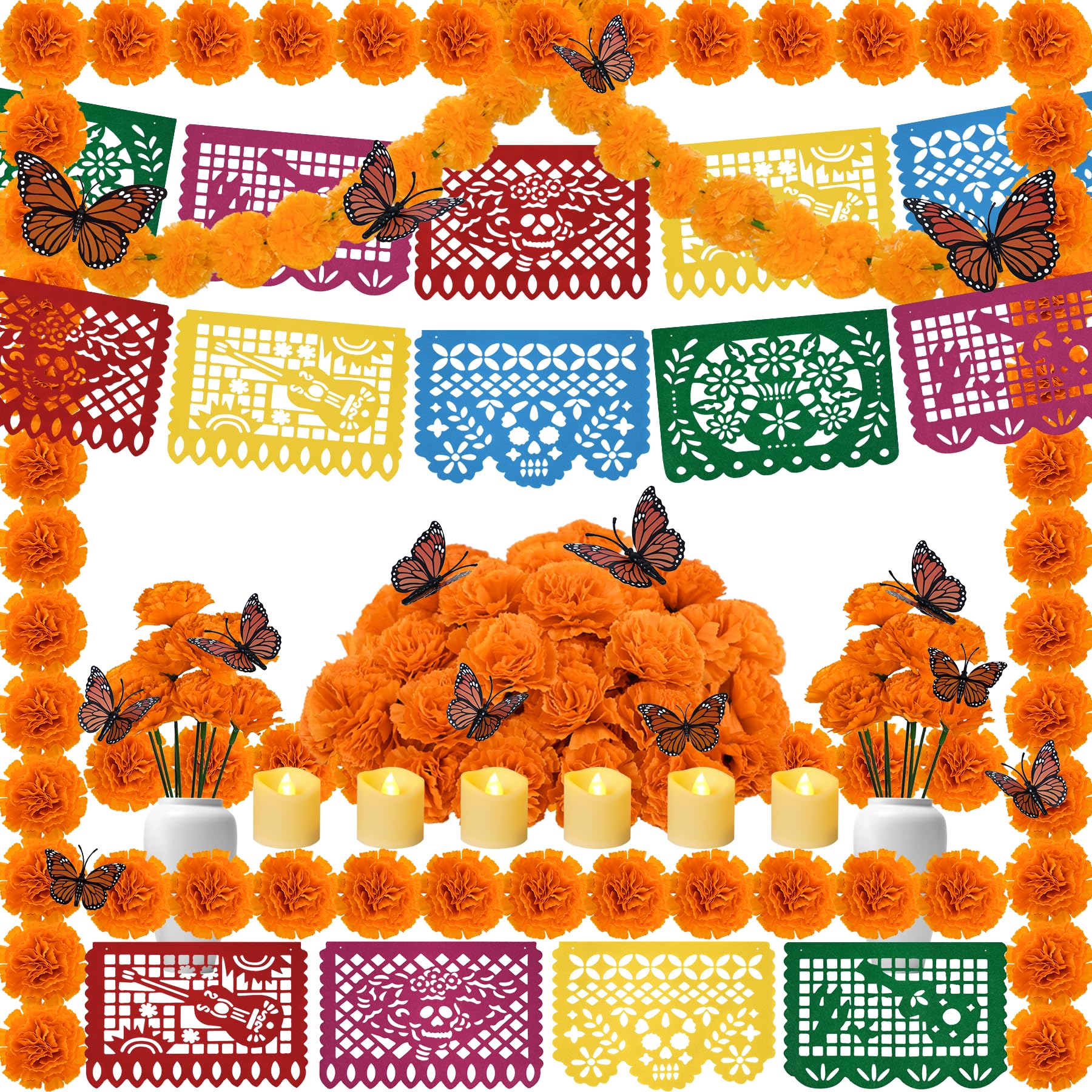 Day of the Dead Dekorationsset beinhaltet 2 Ringelblumen-Girlanden, 50 Ringelblumenblumen, 24 Schmetterlings-Dekor, 6 flammenlose Kerzen und 4,6 m mexikanische Partybanner für Dia De Los Muertos