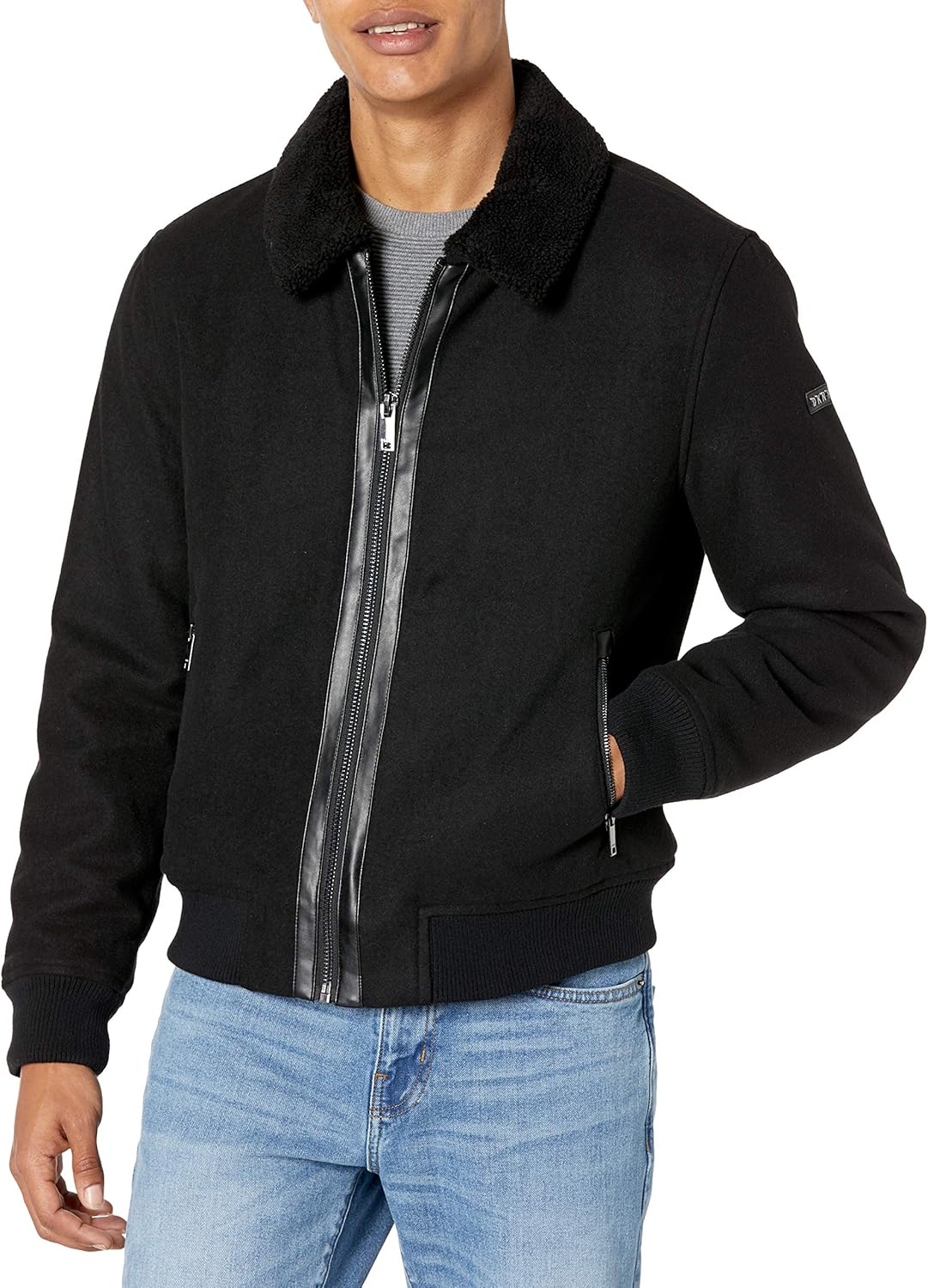 DKNY Men's Wool Blend Bomber Jacket with Sherpa Collar at  Men’s Clothing store