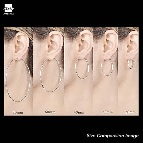 Miniatura 5 de Amberta 925 Sterling Silver Fine Circle Endless Hoops - Polished Round Sleeper Earrings Diameter Size 20 30 40 60 75 mm