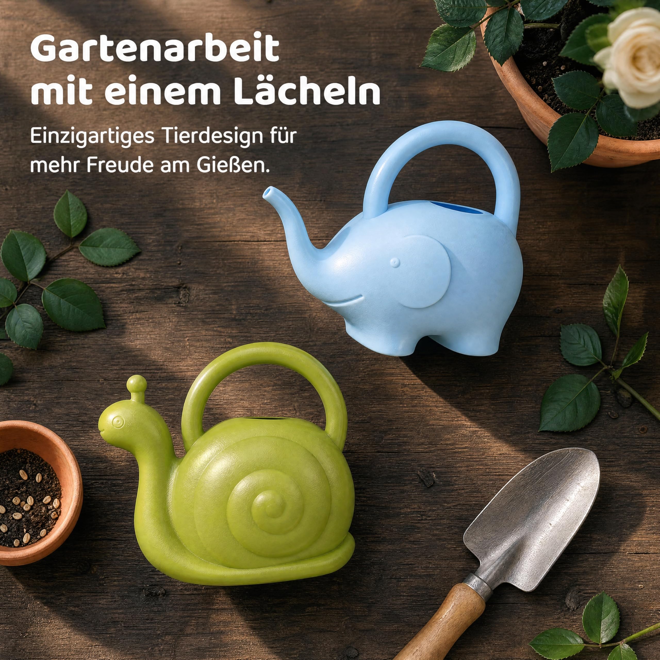 DOITOOL 2 Stück Lustige Tier Gießkanne 2.0L Mit Tragegriff Bunte Kinder-Gießkanne Für Garten Und Zimmerpflanzen Niedliches Panda-Design Bewässerungskanne (Blauer Elefant & Grüne Schnecke)