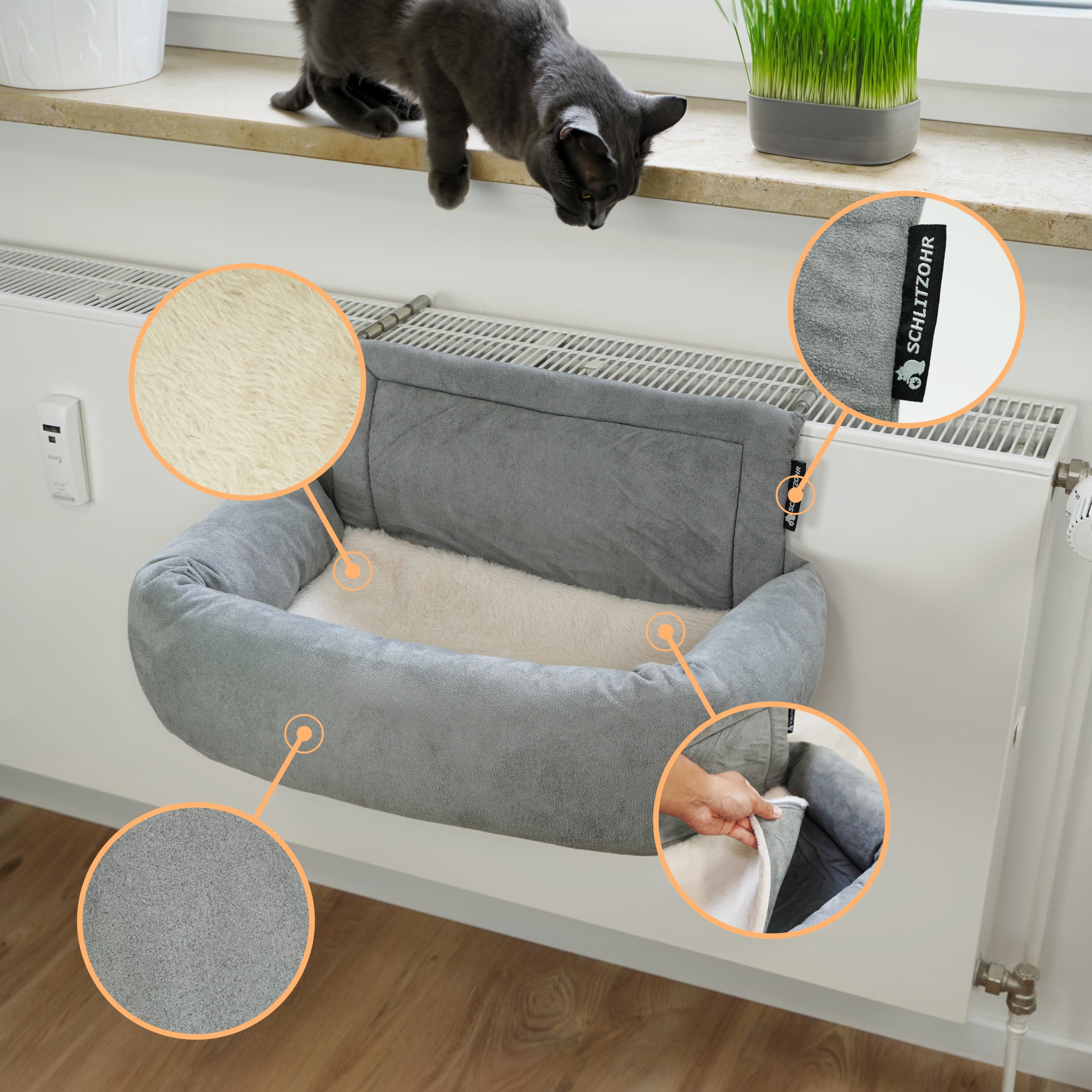 Premium Heizungsliege für Katzen - Murphy - für Katzen bis 12kg - passend für alle Heizkörper - rundum gepolstert - Katzenbett für die Heizung