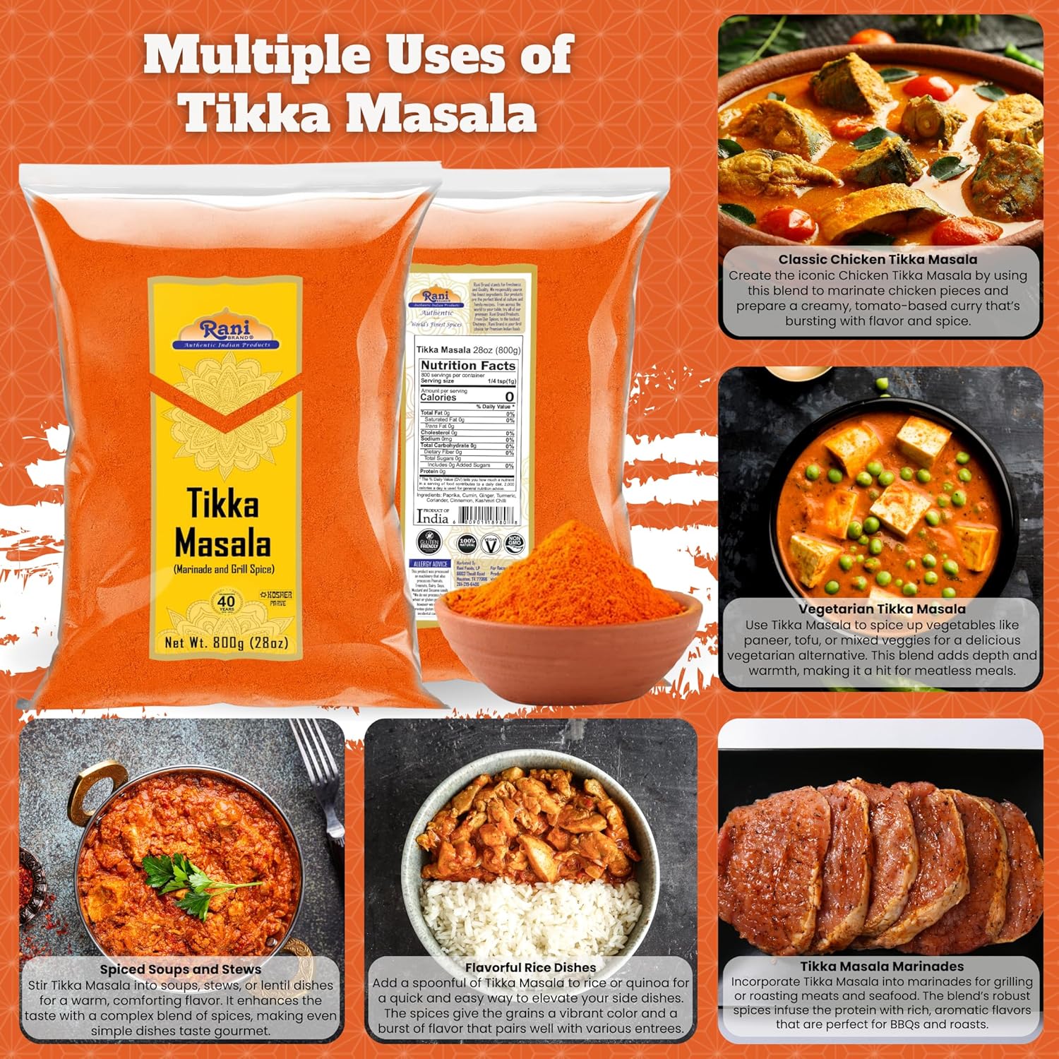 Rani Tikka Masala Indian 7-Spice Blend 28oz (800g) ~ All Natural | Salt-Free | Vegan | No Colors | Gluten Friendly | NON-GMO | Kosher | Indian Origin