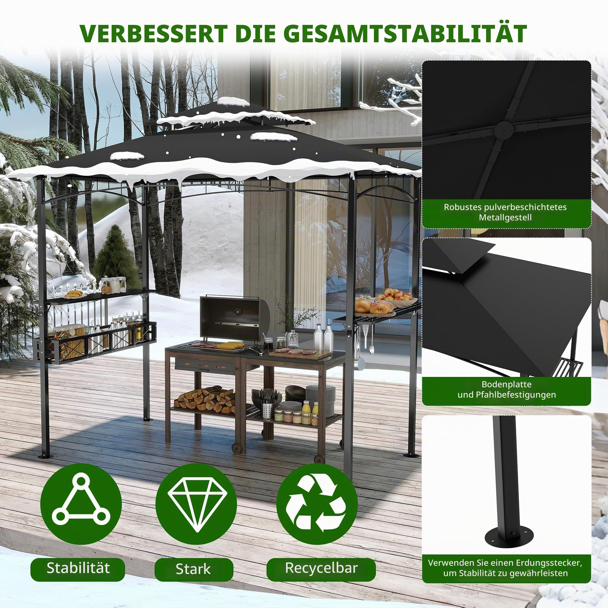 HENGMEI Grill Pavillon 2.45 x 1.53m, Grillpavillon Partyzelt Doppelstöckige Schutzabdeckung, Grillzelt Gartenpavillon Pergola mit Regalen und Ablagekörben für Party, Marktstand, Picknick (Schwarz)