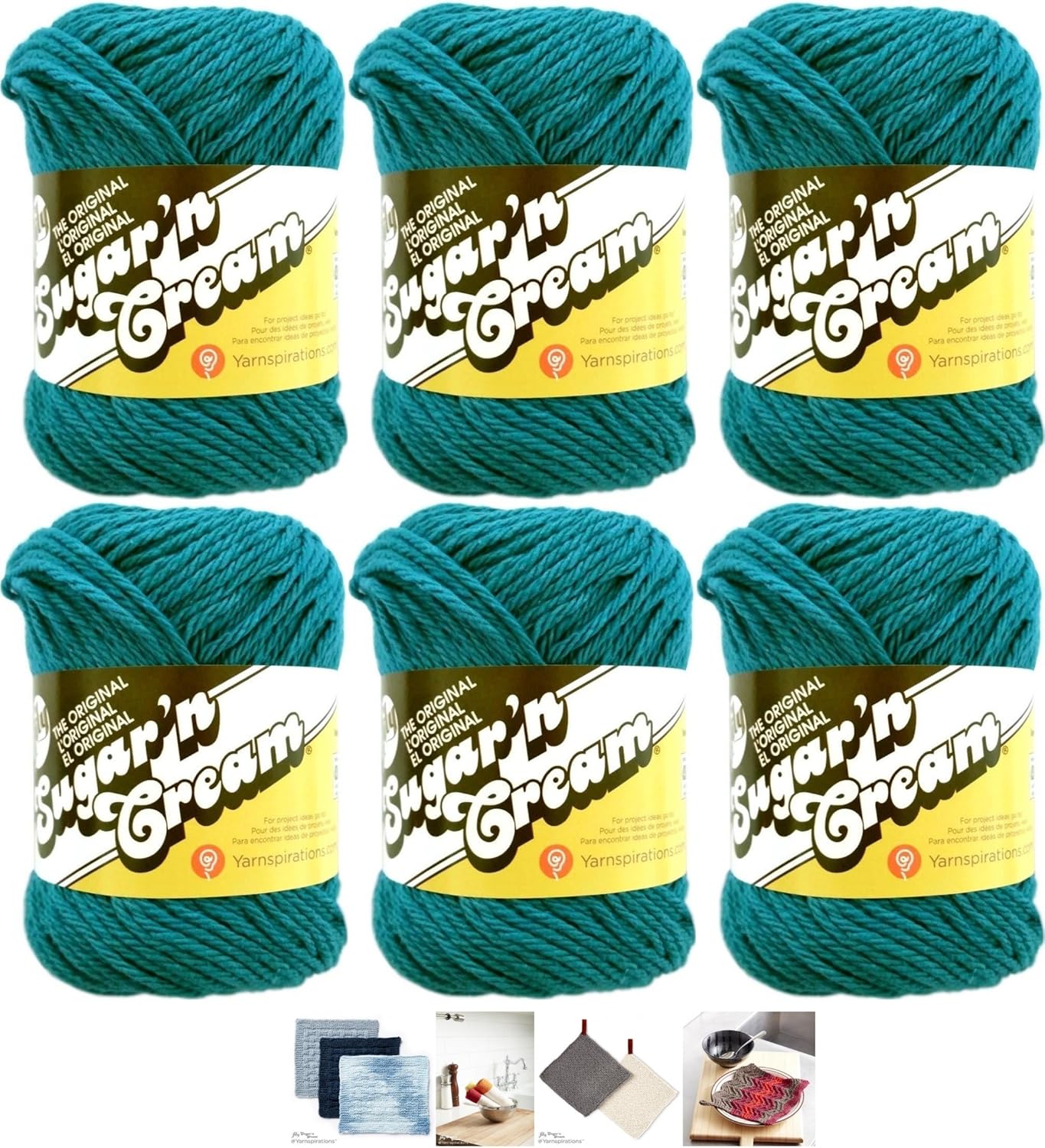 Bulk Buy: Lily Sugar'n Cream Yarn 100% Cotton Solids and Ombres (6-Pack) Medium #4 Worsted Plus 4 Lily Patterns (Teal 01133)