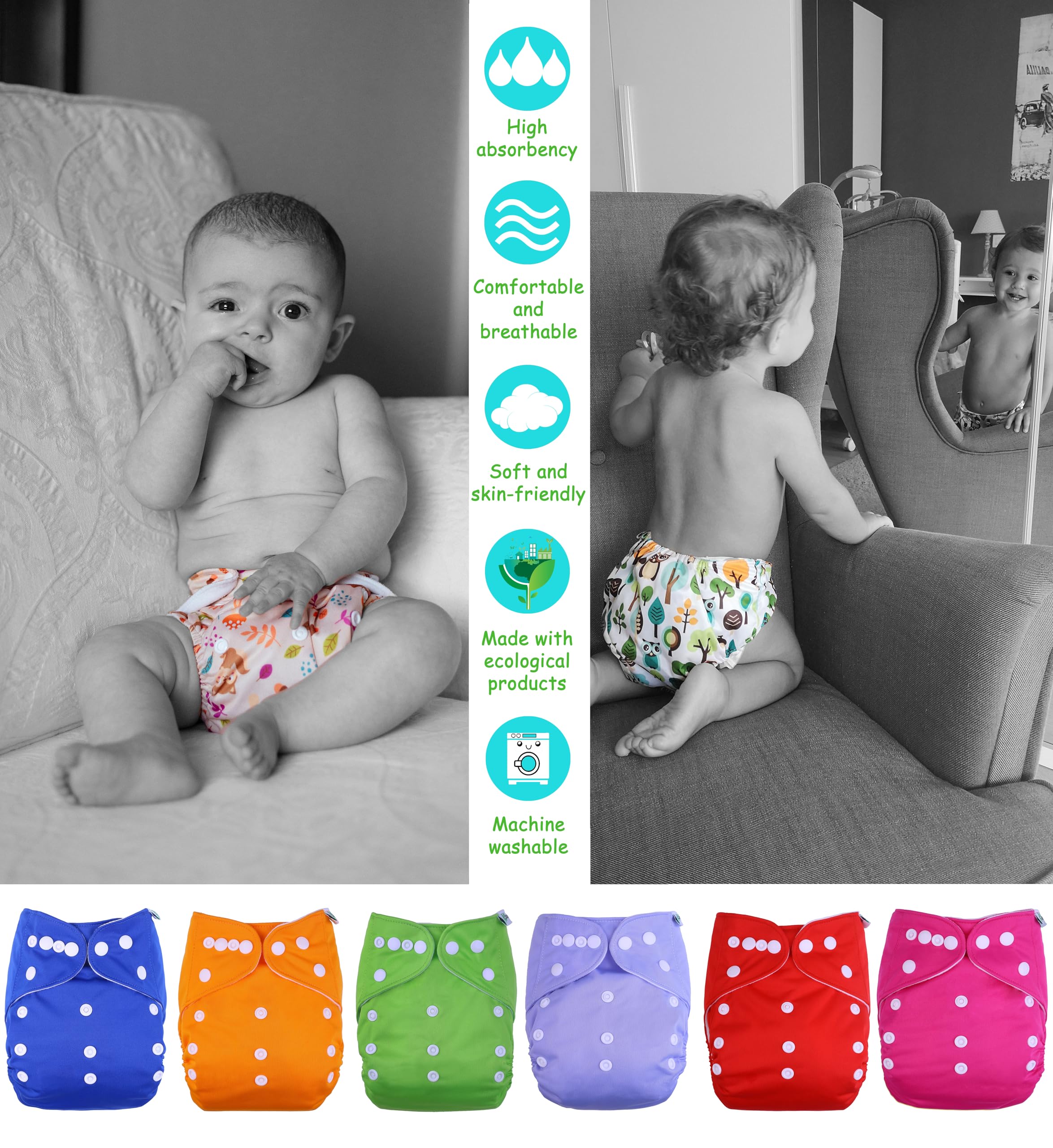 Kolo - kit de pañales de tela para bebés y niños: 6 pañales reutilizables + 6 insertos de bambú + 1 bolsa de transporte de pañales - 100% ecológicos