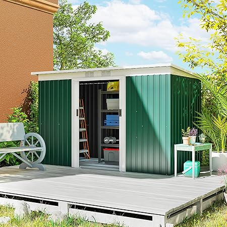 Outsunny 9' x 4' Outdoor Storage Shed, Metal Garden Tool House with Sloping Roof and Lockable Door for Backyard, Bike, Patio, Garage, Lawn, Green