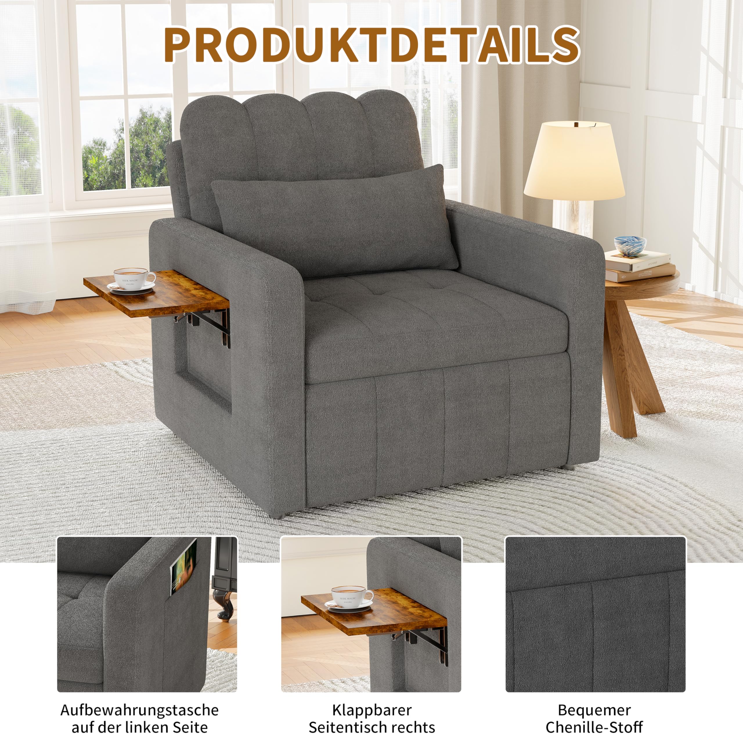 Schlafsessel 3 in 1,schlafsessel mit bettfunktion Ausziehbares Schlafsofa Schlaferstuhl mit Verstellbarer Rückenlehne Sessel mit Schlaffunktion GäStebett Klappbar mit Seitentasche (Grau)