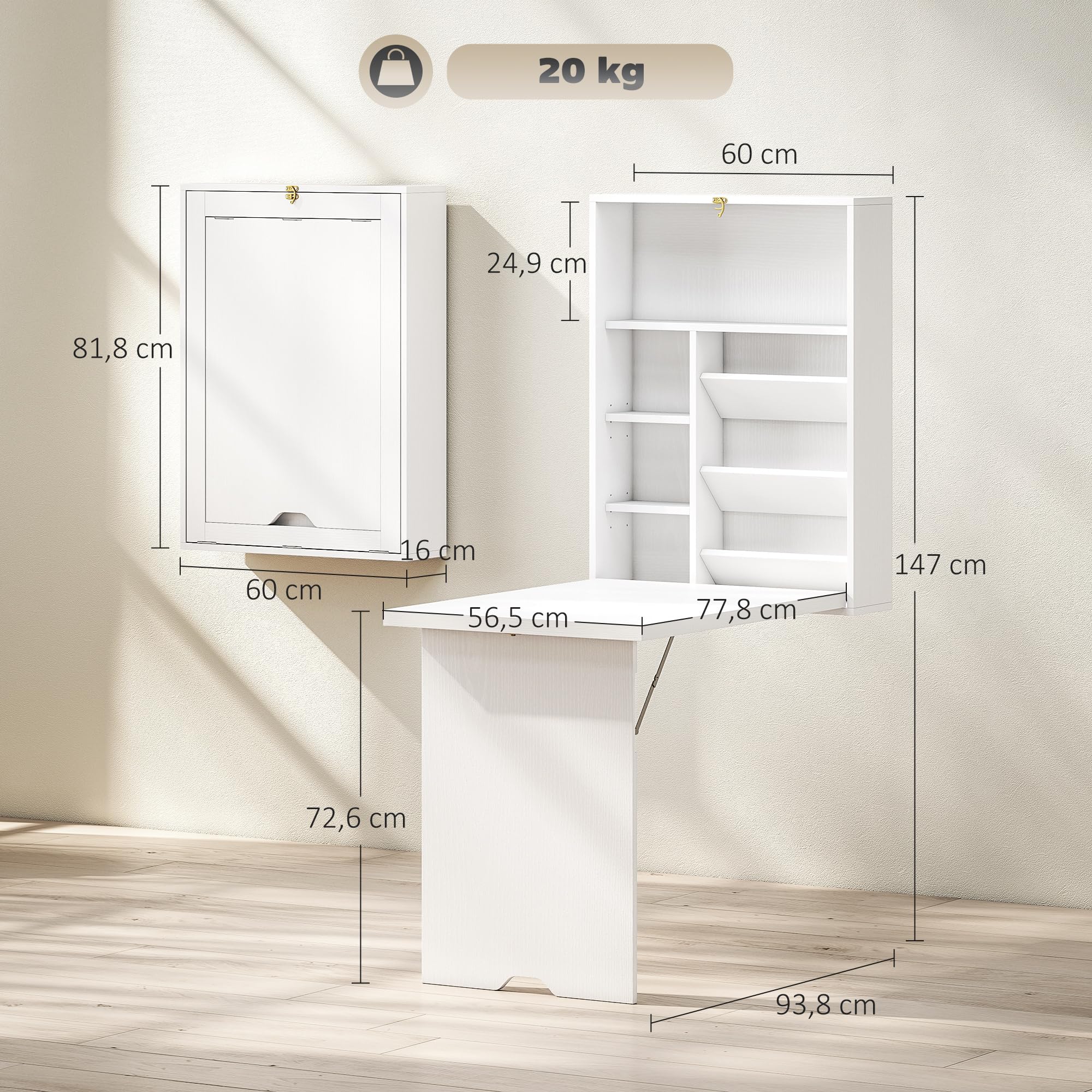 HOMCOM Bureau Pliable Mural avec étagères de Rangement, Bureau Rabattable, Table Murale Pliante, Gain de Place idéal pour Salon, Salle à Manger, Petit Espace, Blanc
