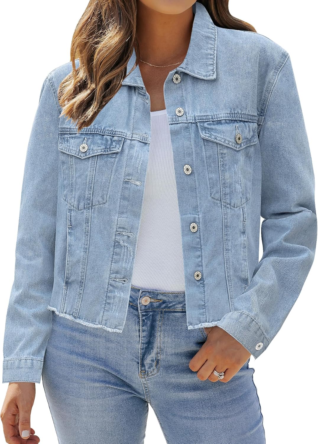 Guttear Women's Jean Jacket Long Sleeve Classic Distressed Fray Hem Tassels Denim Trucker Jackets